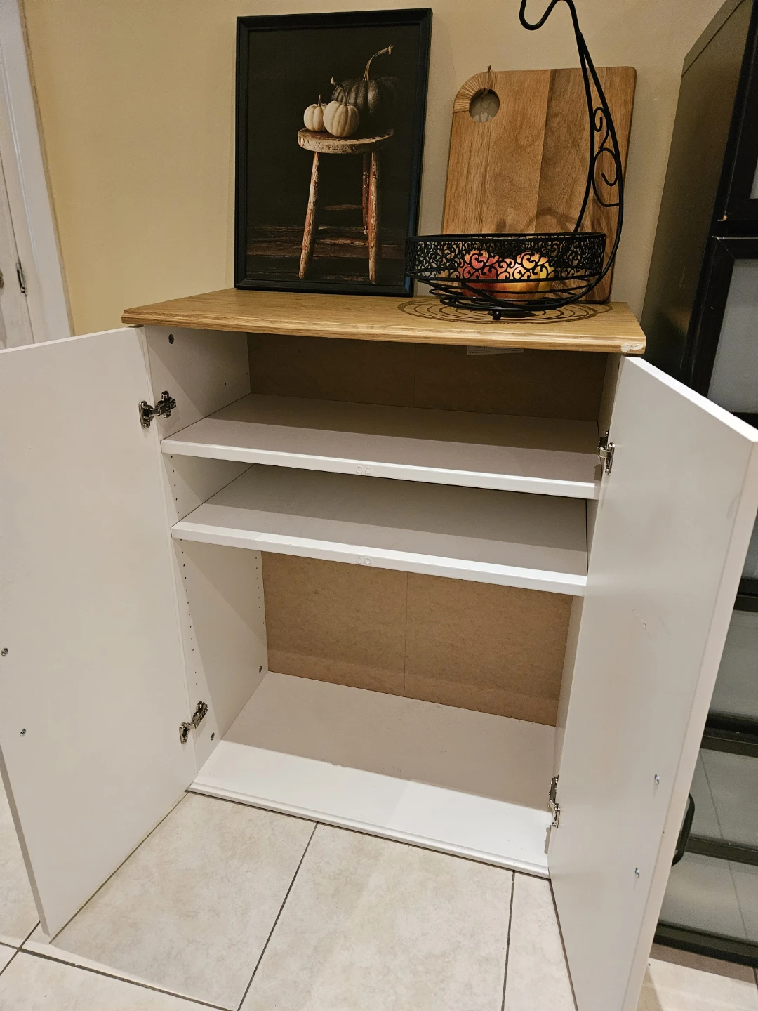 White Storage Cabinet with Wooden Top