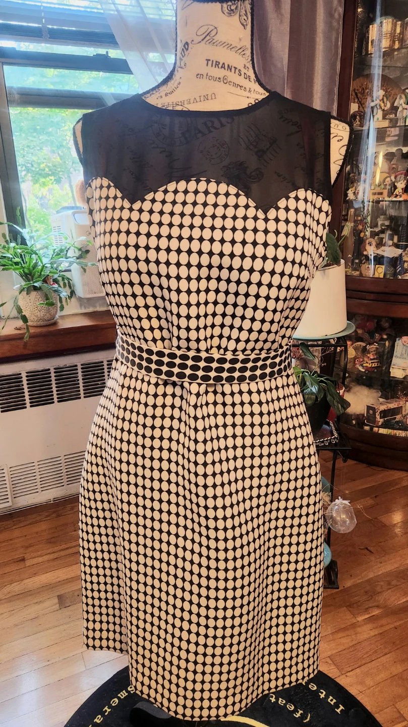 Michael Kors Black White Polka Dot Sheer Yoke Belted Dress