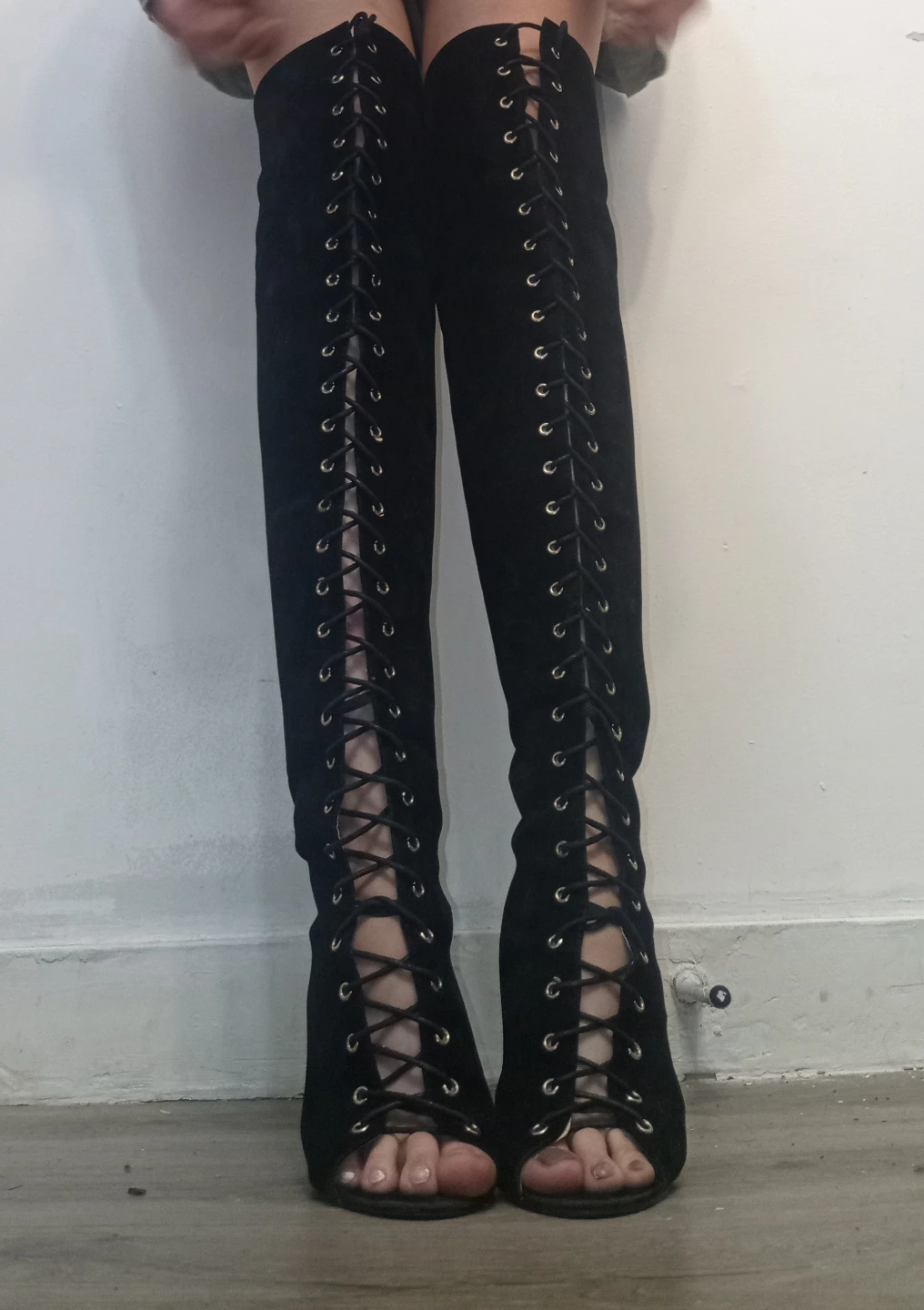 Black Lace-Up Thigh-High Open-Toe Boots