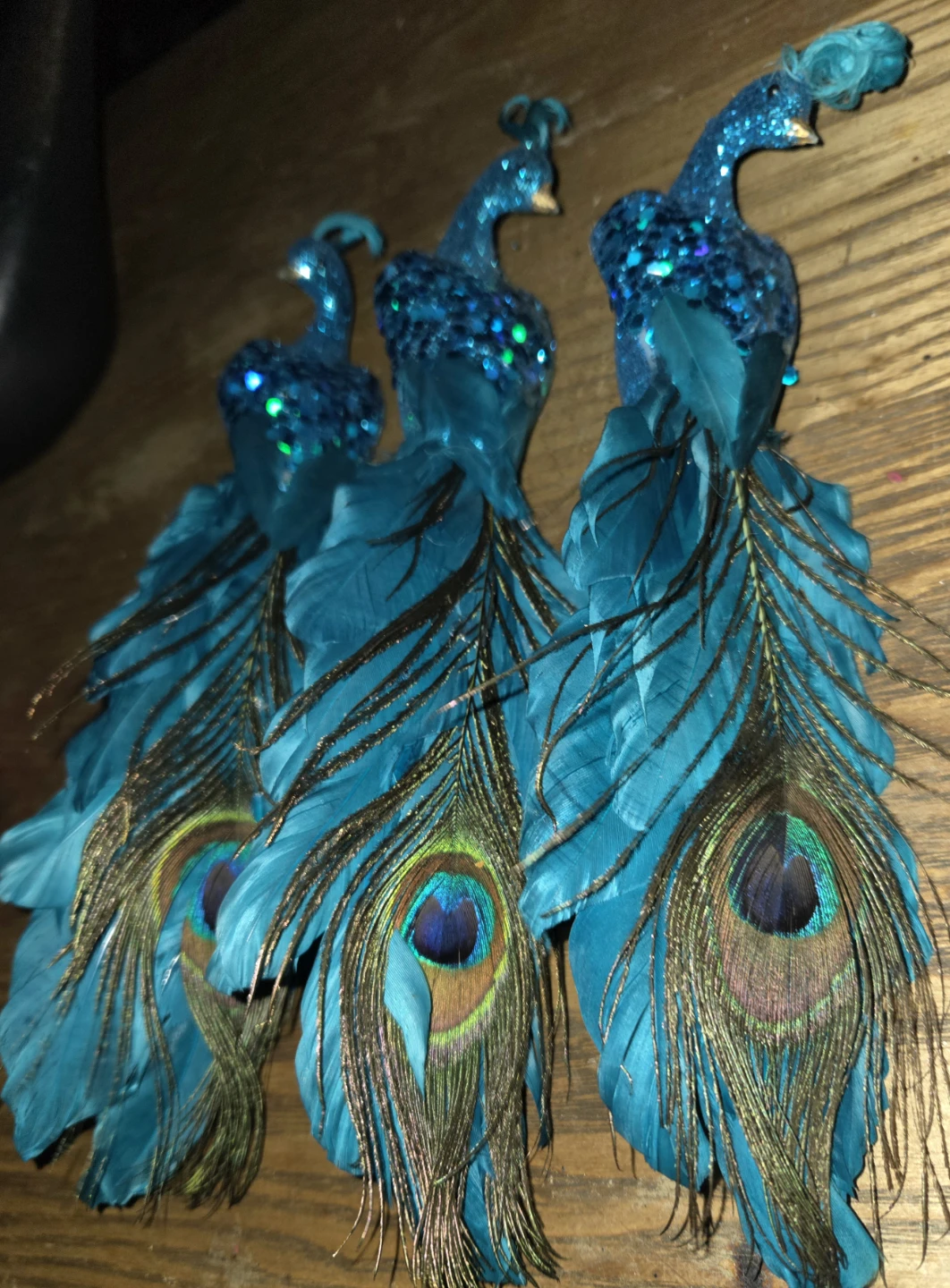 Vintage Set of 4 Blue Glitter Peacock Ornaments