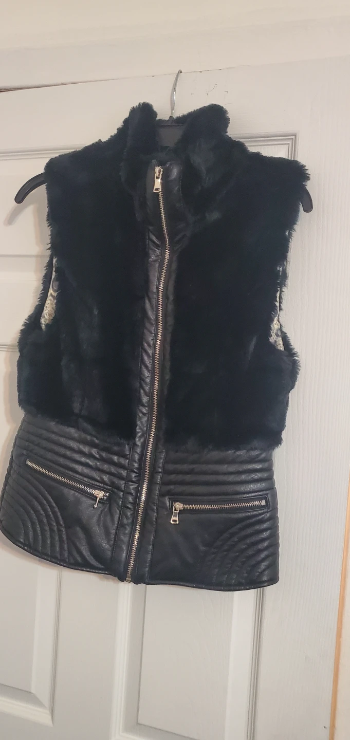 FATE Black Faux Fur and PU Leather Vest