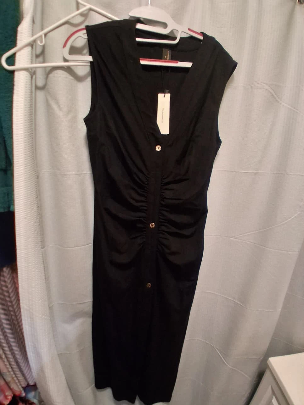 Black Ruched Button-Down Midi Dress