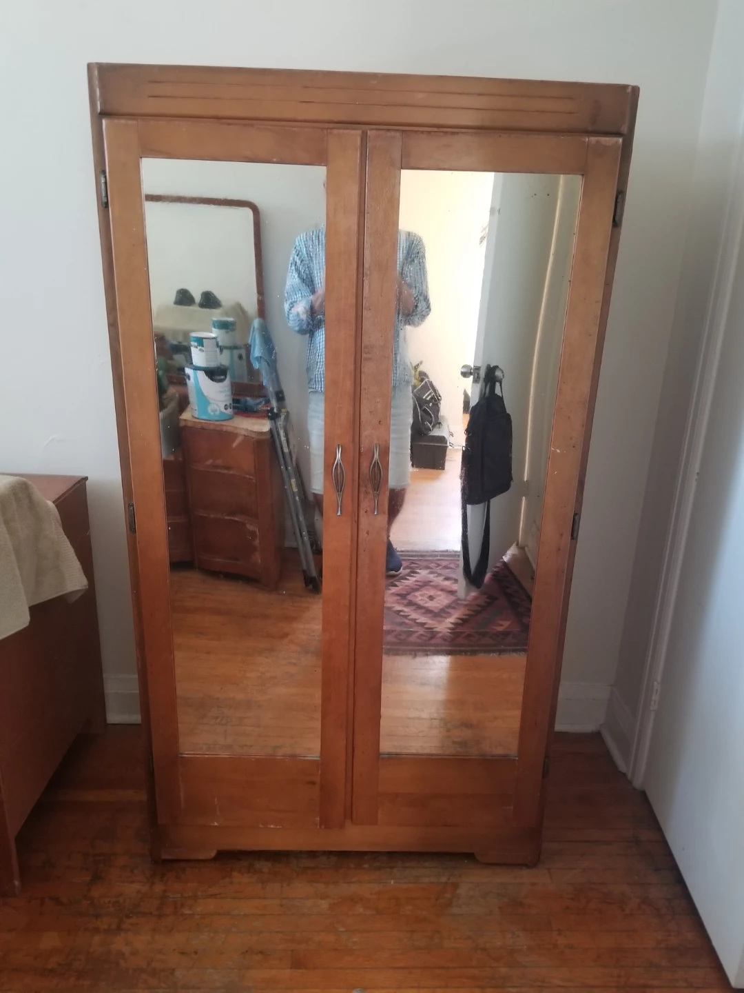 Vintage Wooden Wardrobe with Mirrored Doors