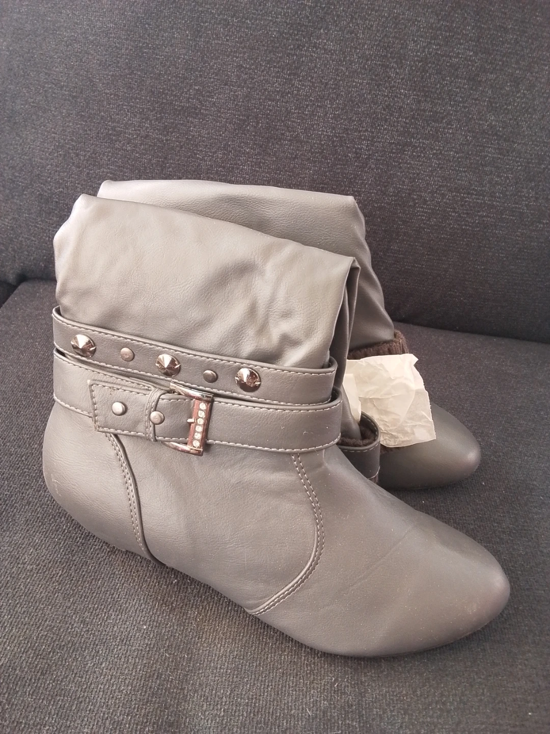 Grey Faux Leather Boots with Buckle Detail - photo 2