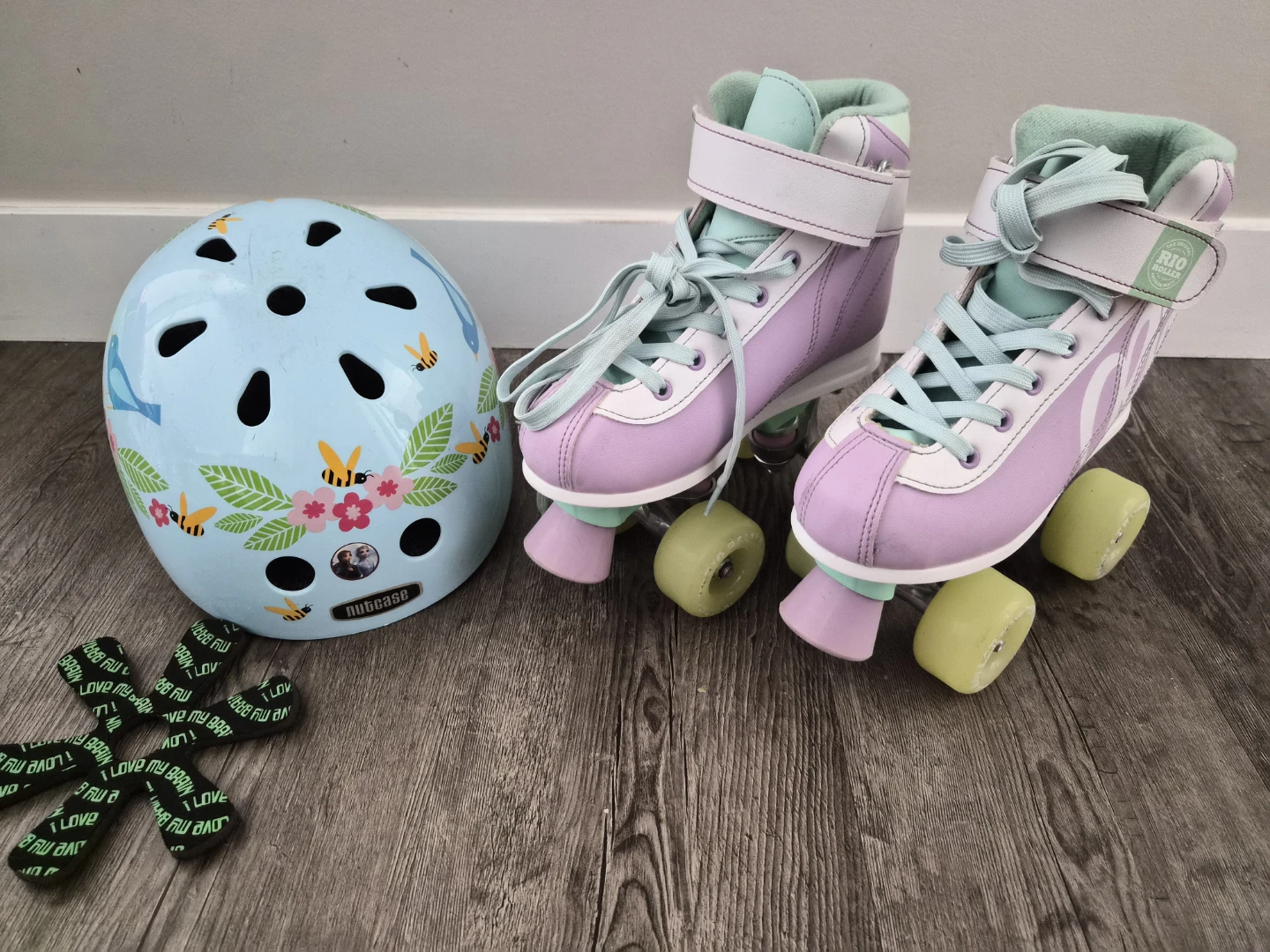 Nutcase helmet and Rio Roller skates