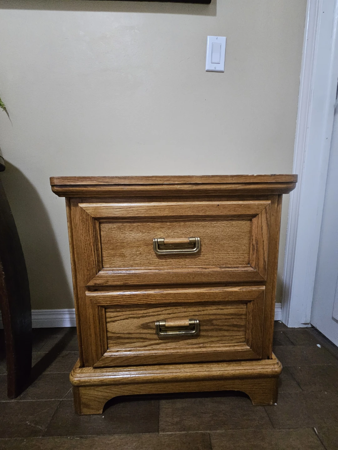 Oak wood bedside table with two drawers