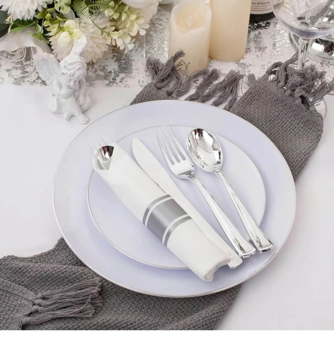 Silver Rim Disposable Plastic Plate and Cutlery Set