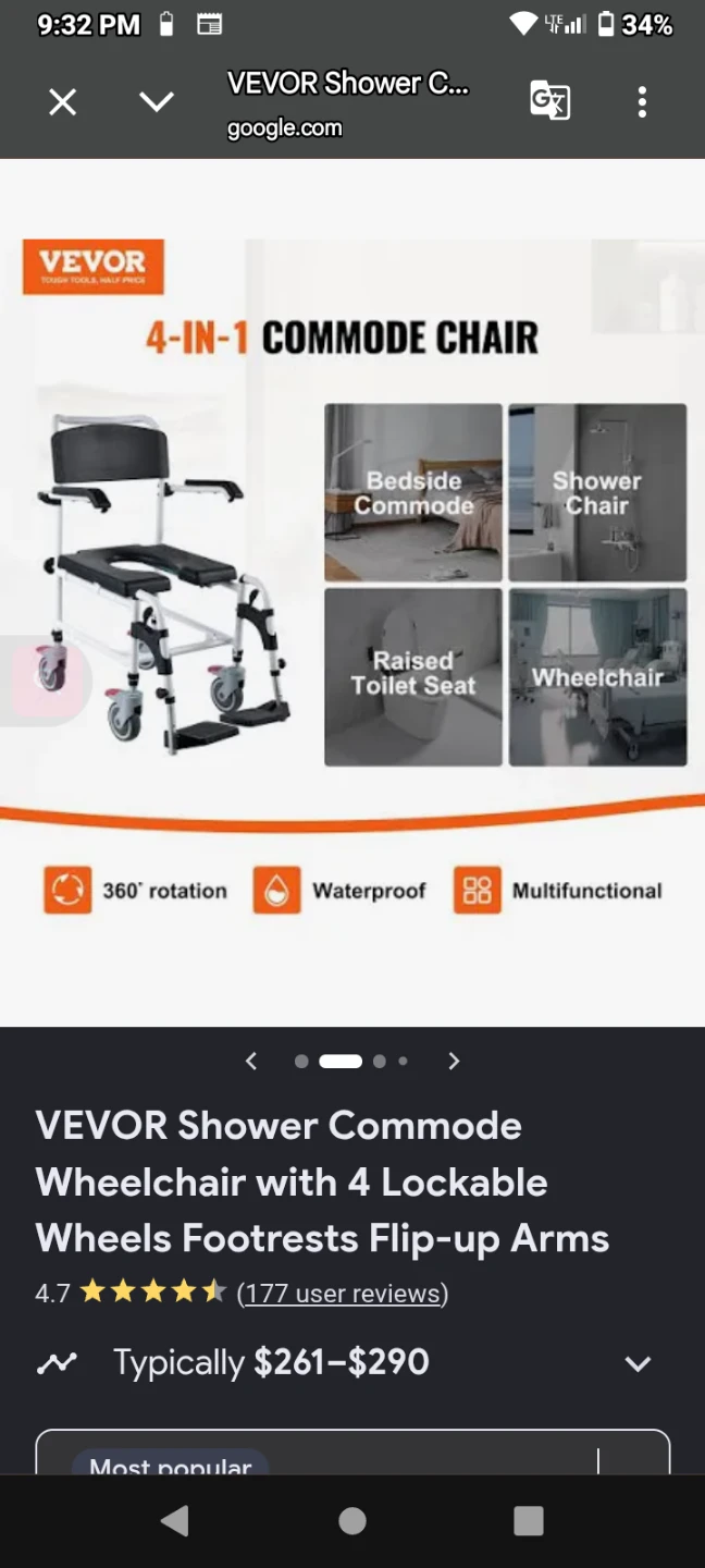 VEVOR 4-in-1 Commode Shower Wheelchair