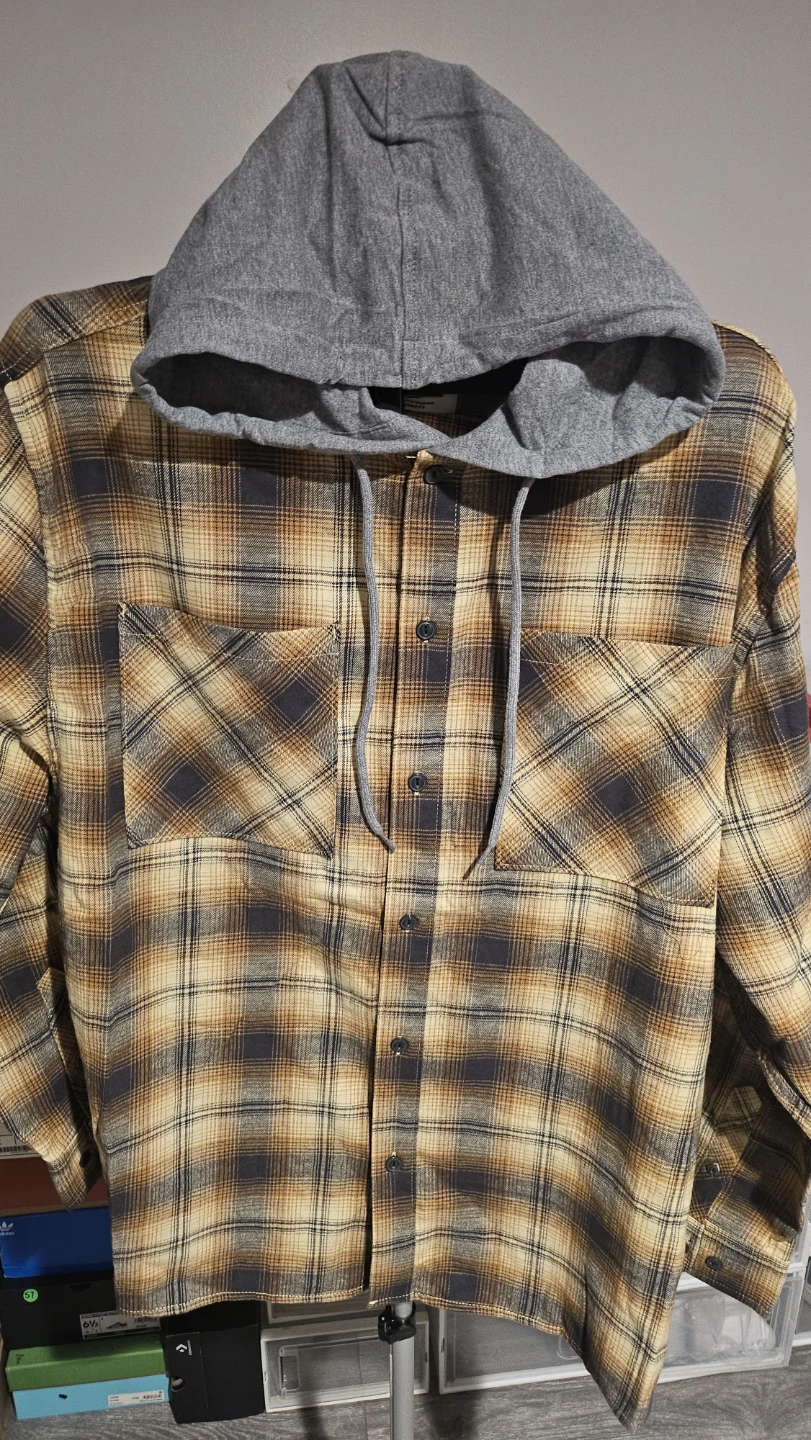 No Boundaries Hooded Flannel Shirt Gold Plaid XL