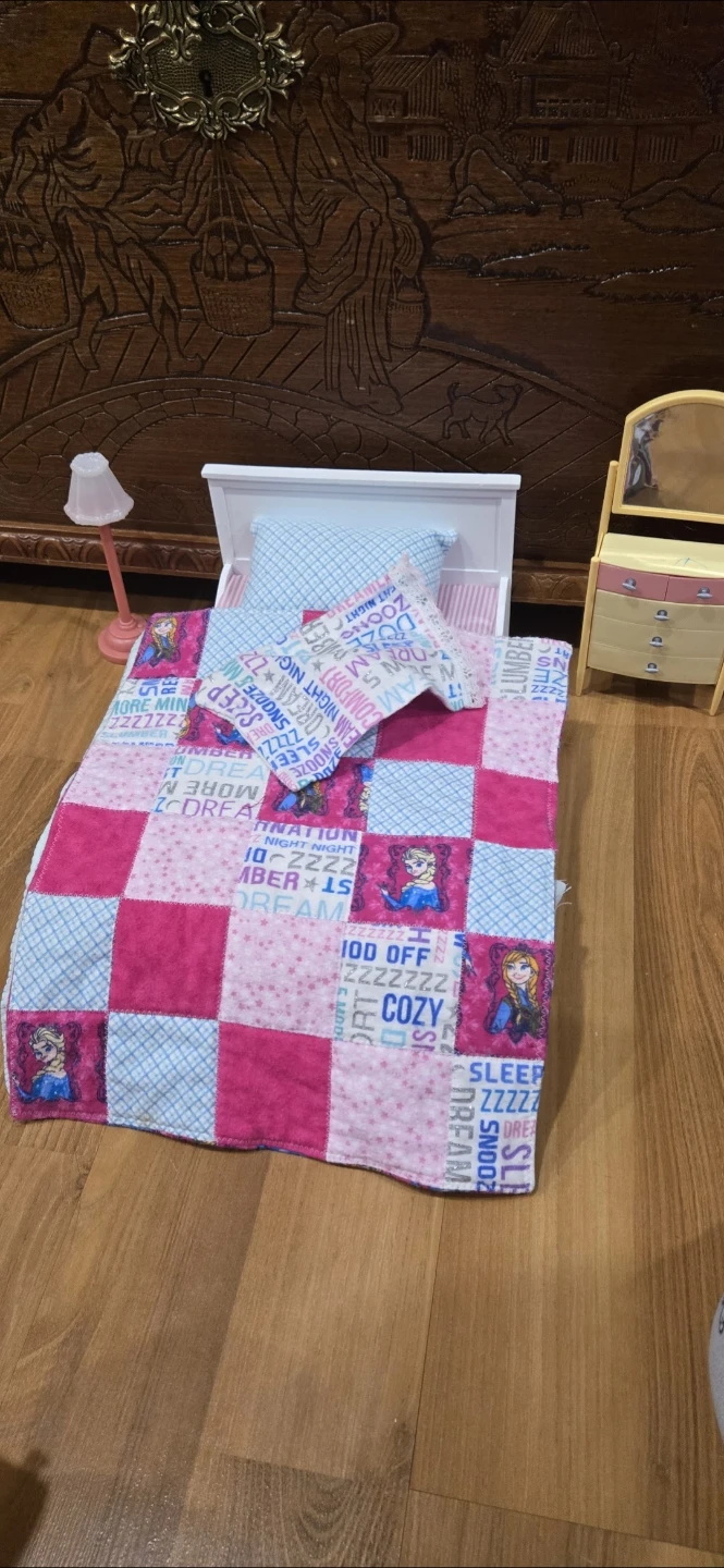 White Doll Bed with Frozen Bedding