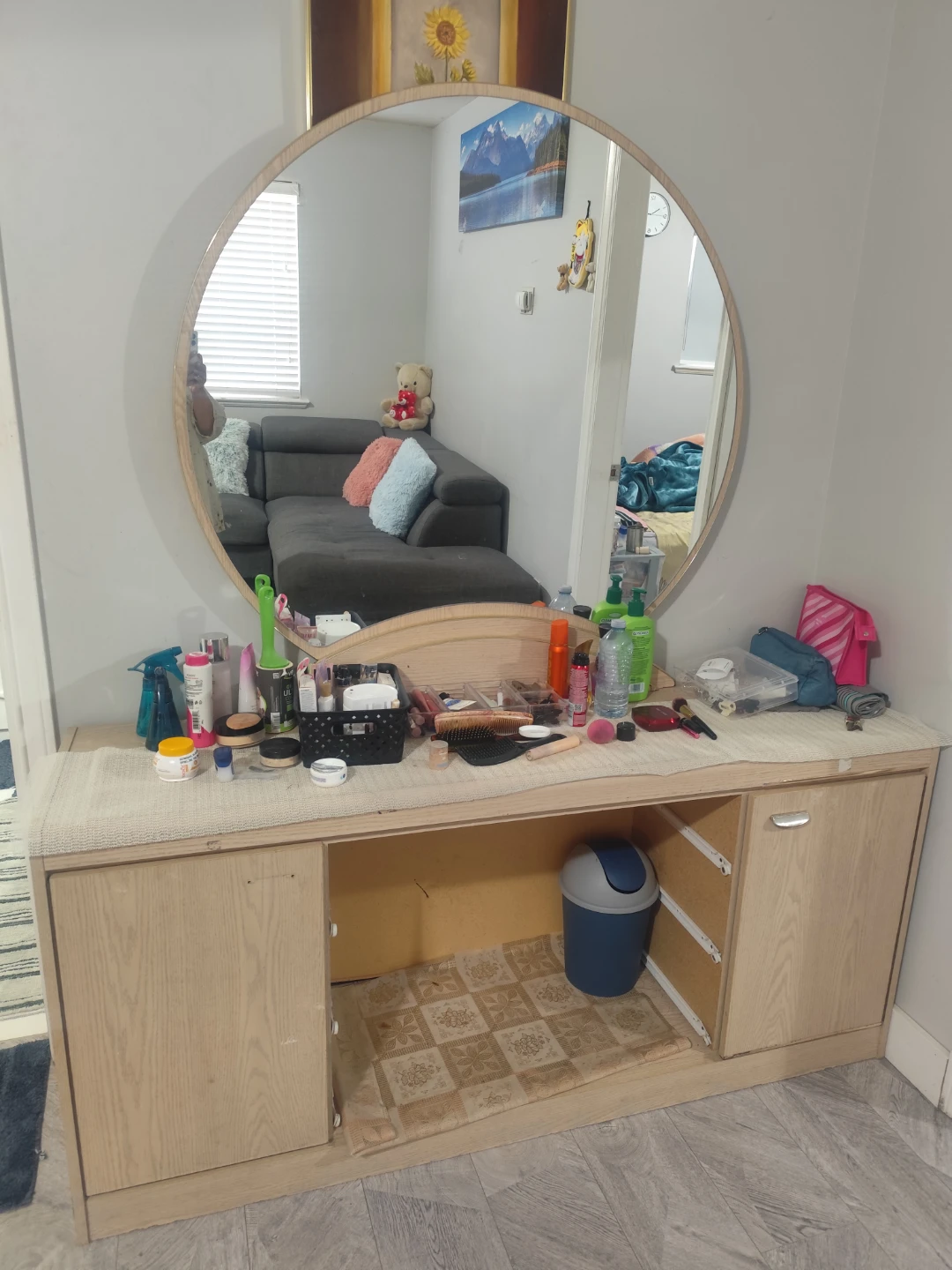 Large Round Vanity Mirror with Wooden Console