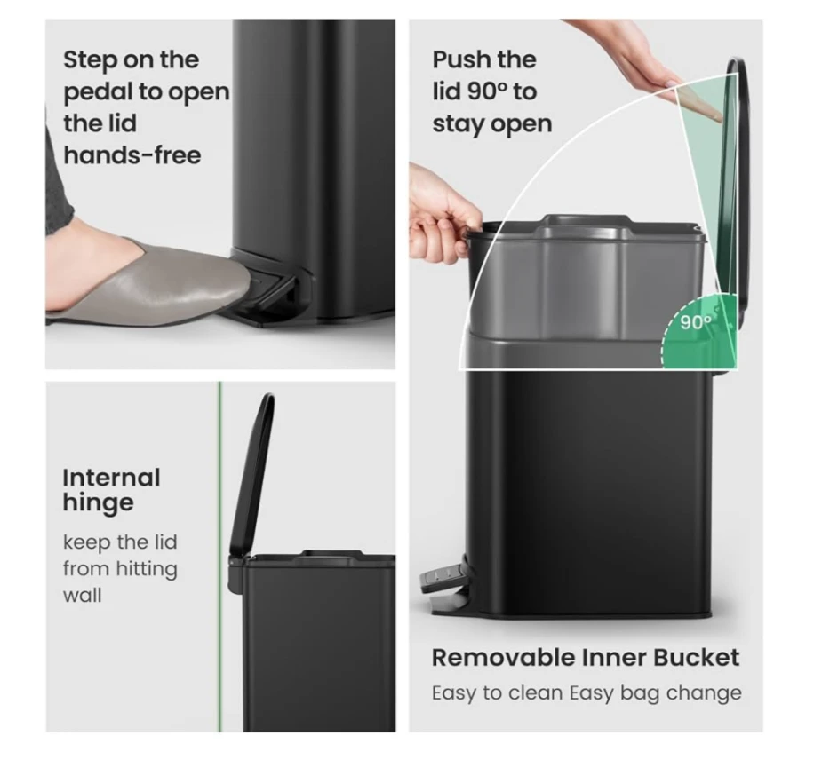 Black Slim Stainless Steel Pedal Trash Can - photo 3