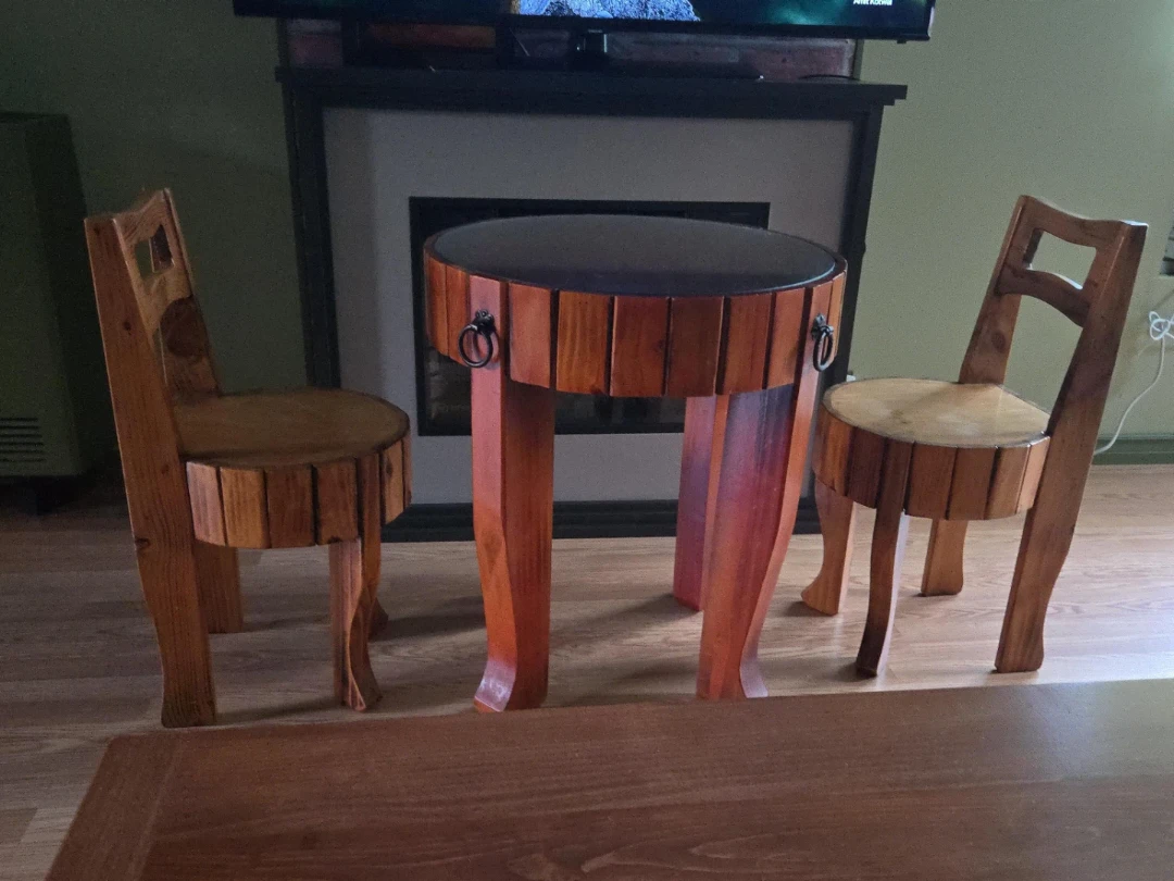 Rustic Wood Round Table and Two Chair Set