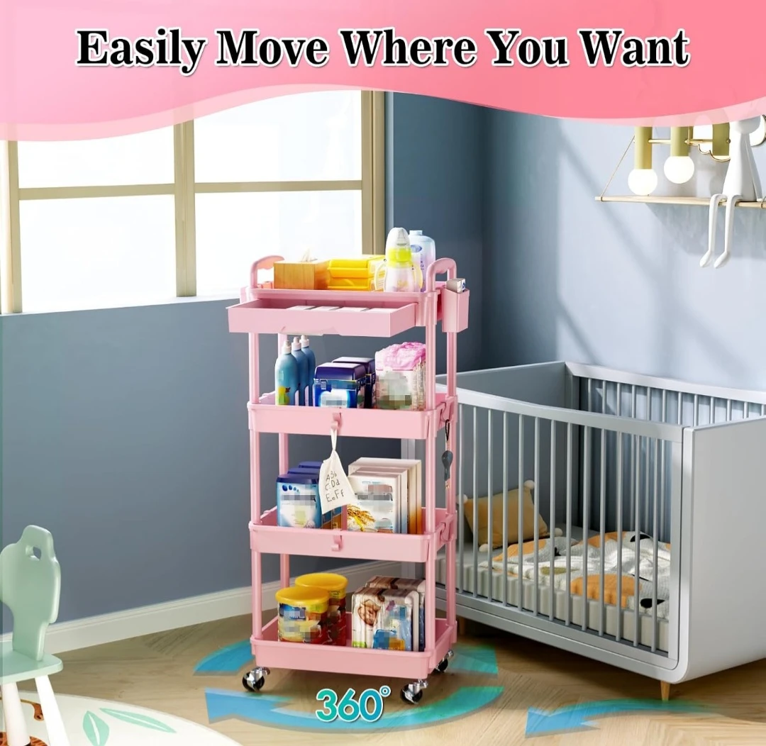 Pink 4-Tier Rolling Storage Cart with Drawer - photo 3