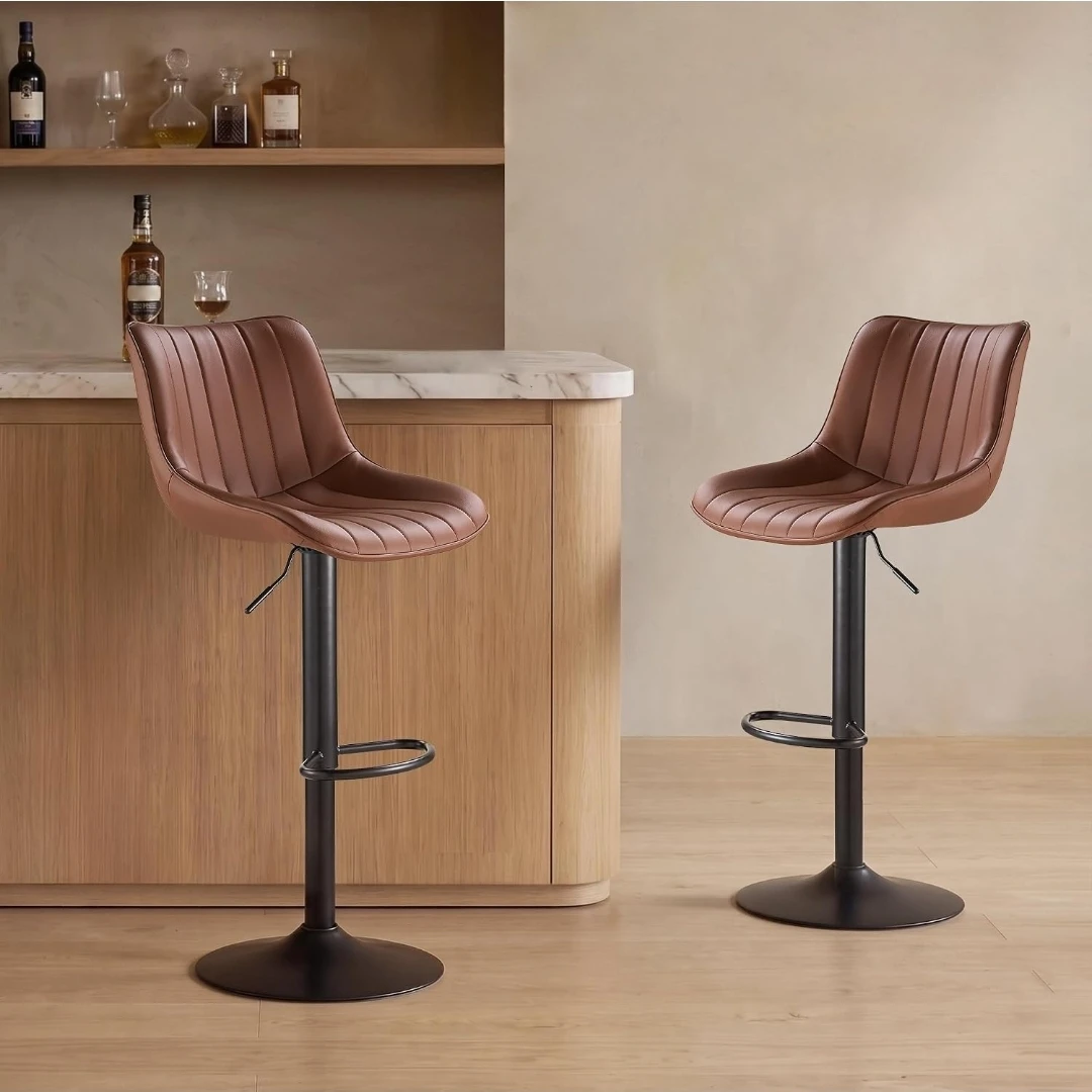 Adjustable Swivel Bar Stools, Brown Faux Leather
