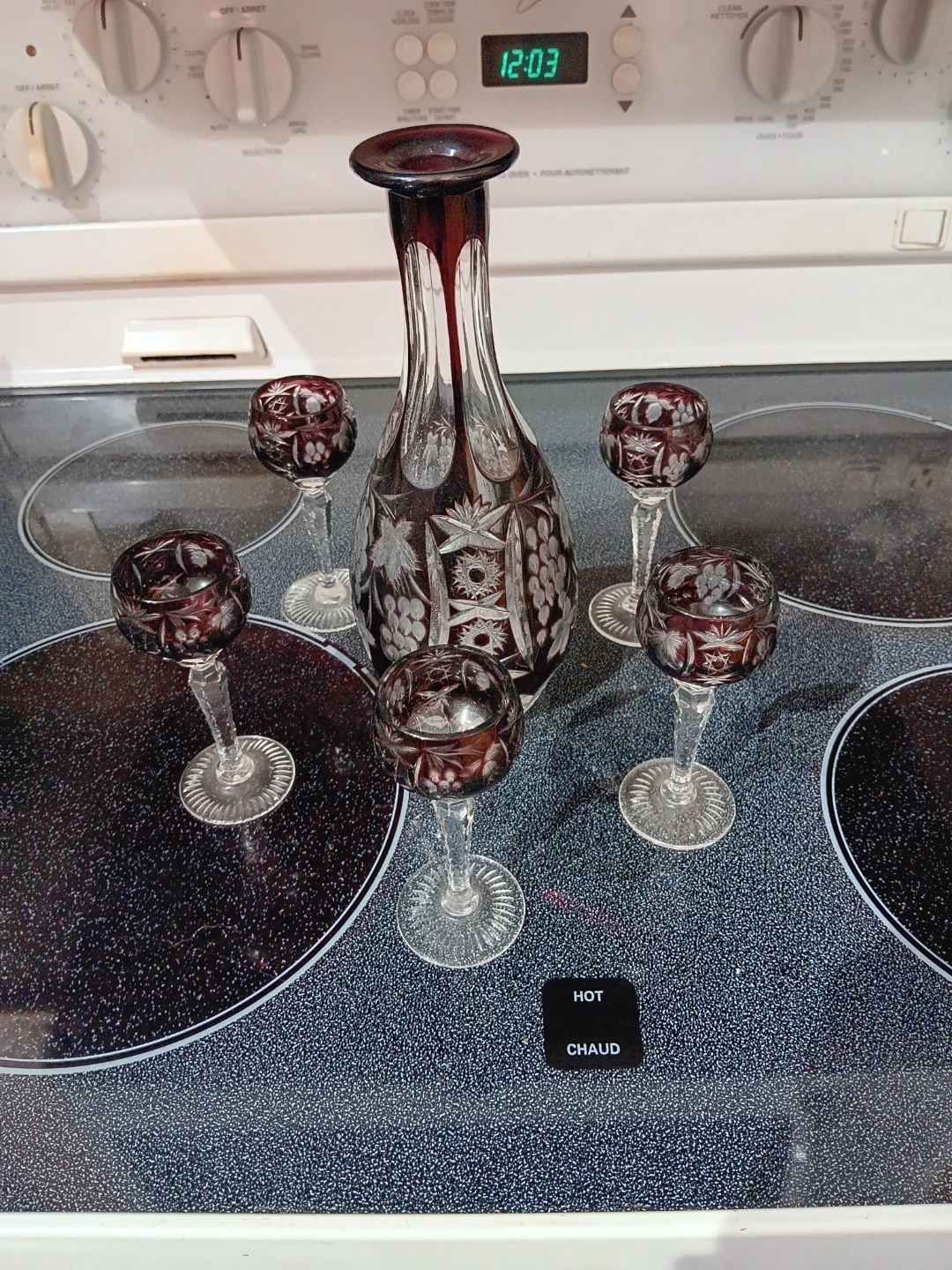 Vintage Ruby Red Cut-to-Clear Crystal Decanter Set