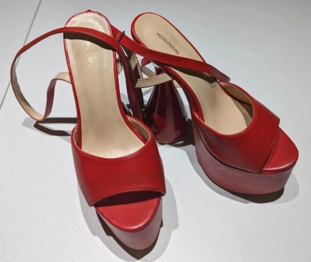 Red Extreme Platform Ankle Strap Heeled Sandals, Size 6,5 (86)