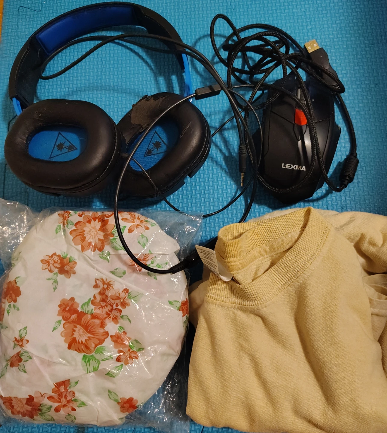$5 for broken headphones, mouse, t-shirt, shower cap
