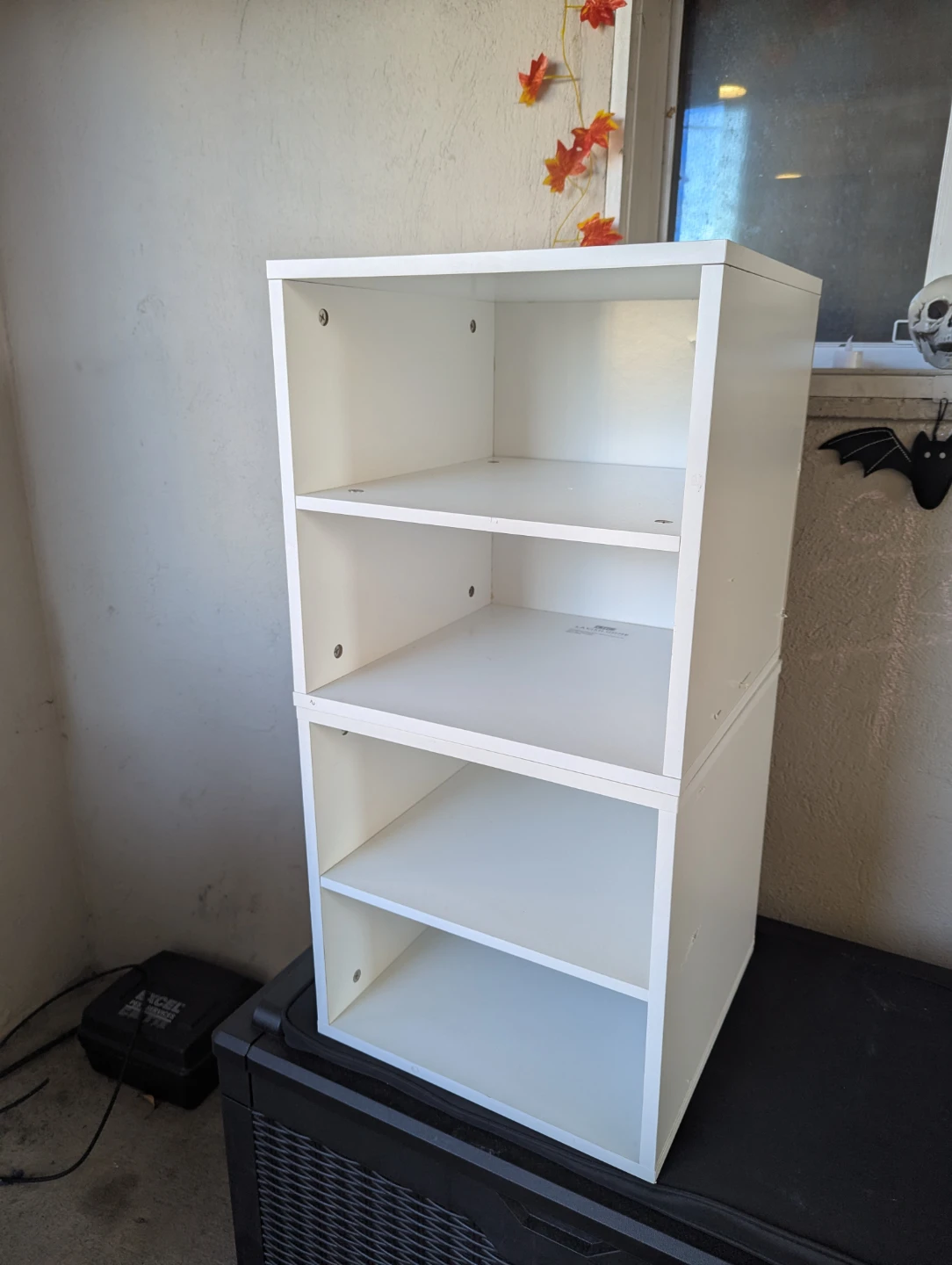 White modular shelving units
