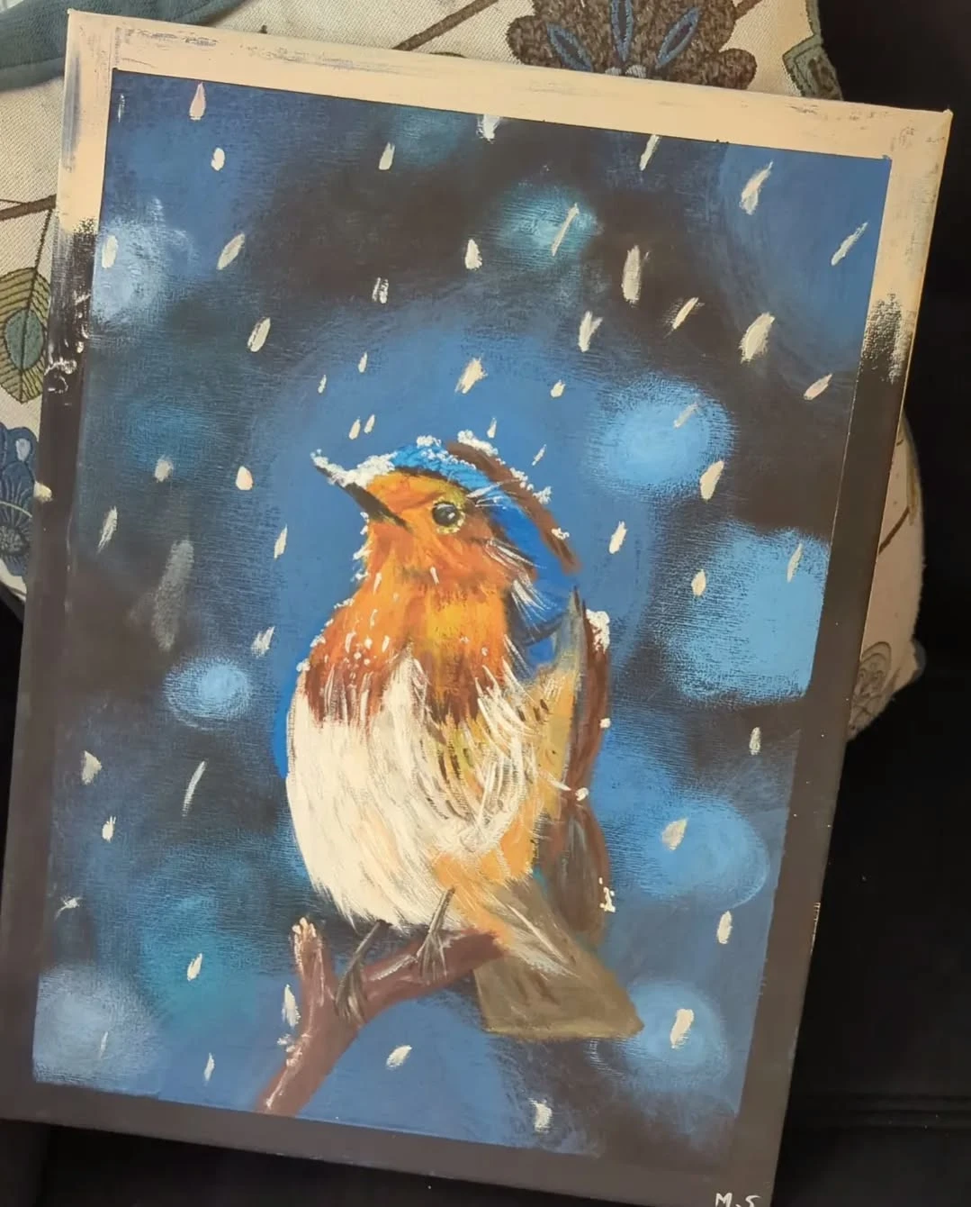 Hand-painted bird in snow canvas art