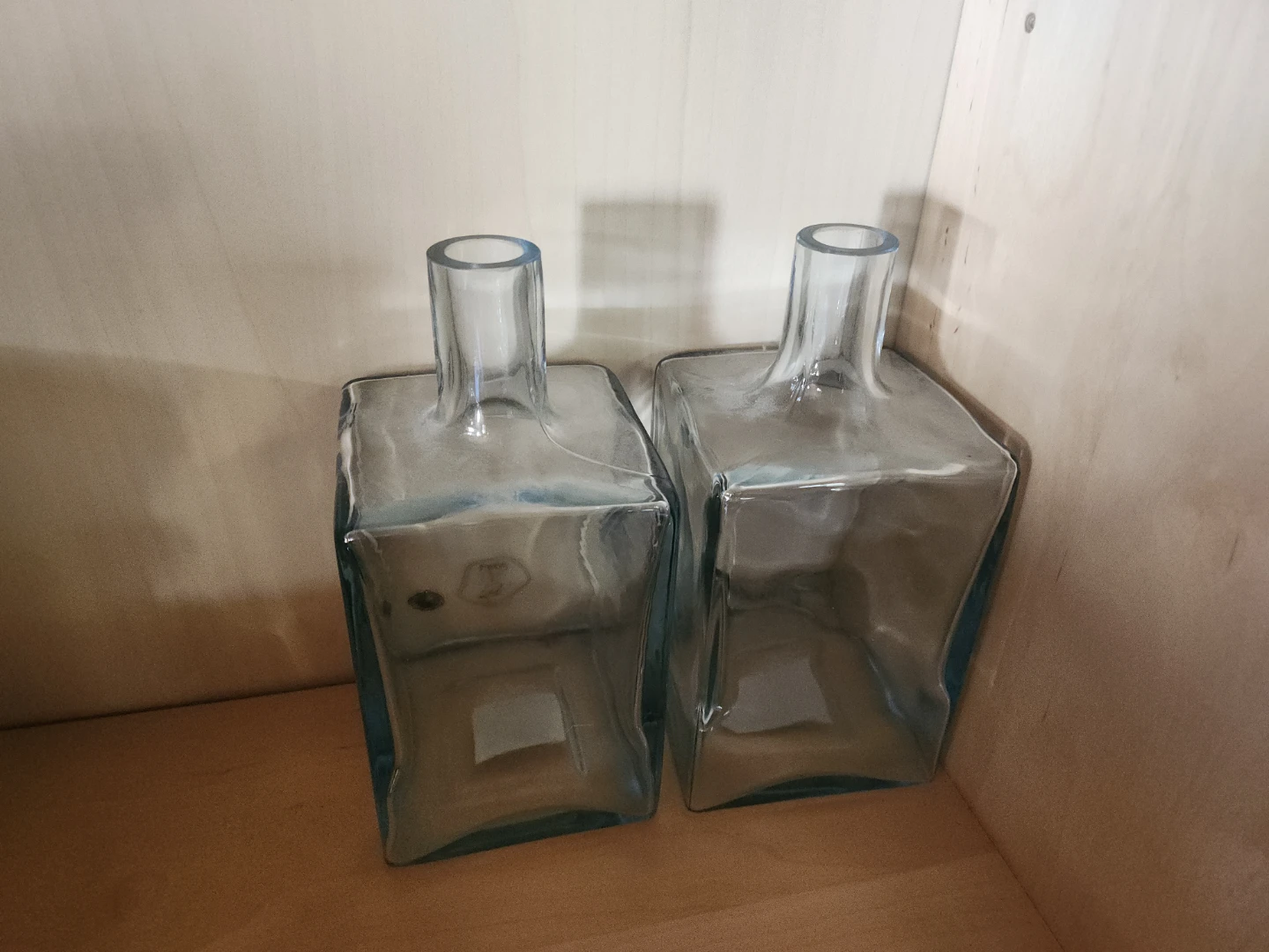 Set of 2 Square Clear Glass Bottles / Vases