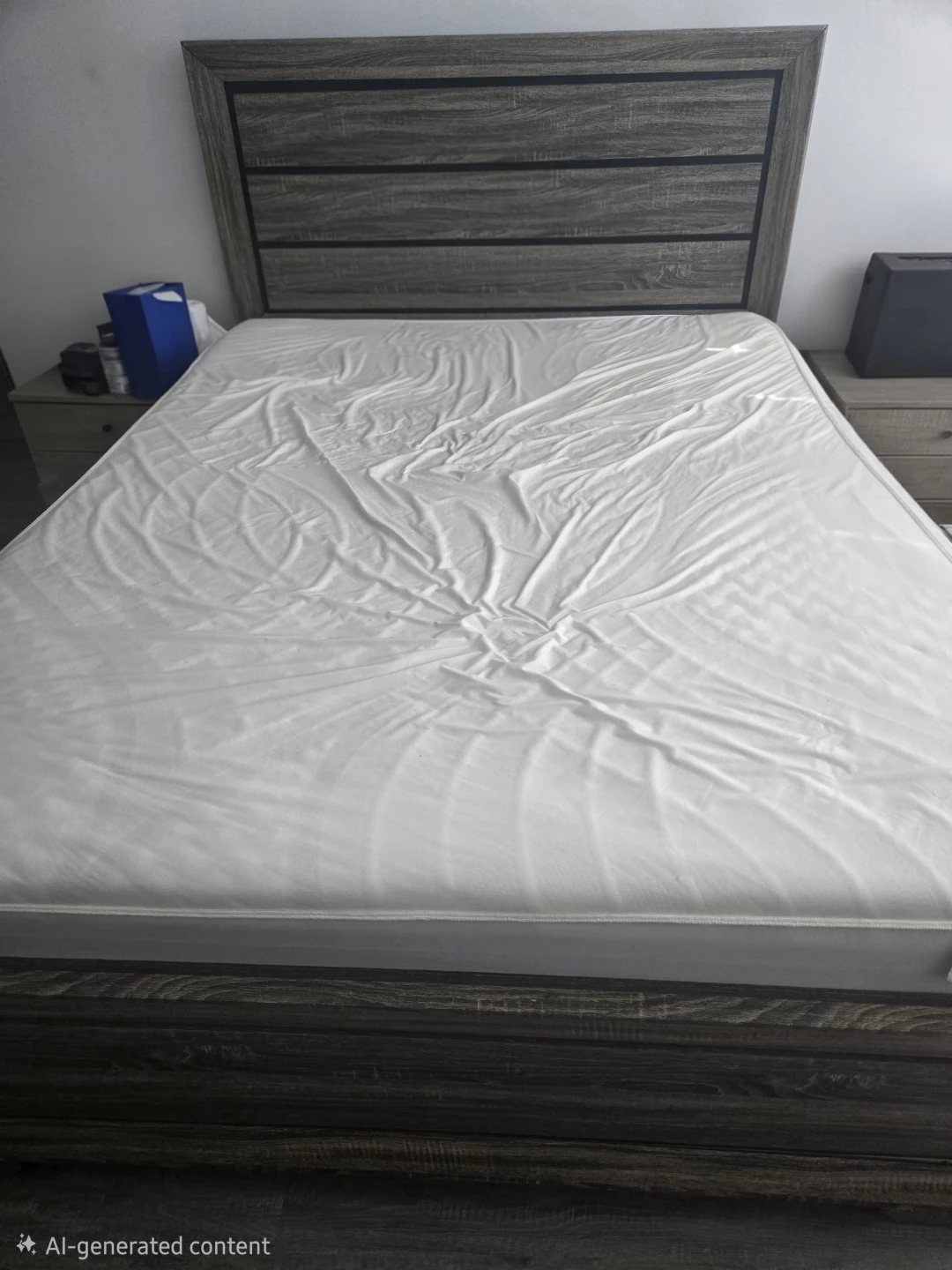 Queen Bed Frame with Modern Wood Look Headboard and mattress - photo 2