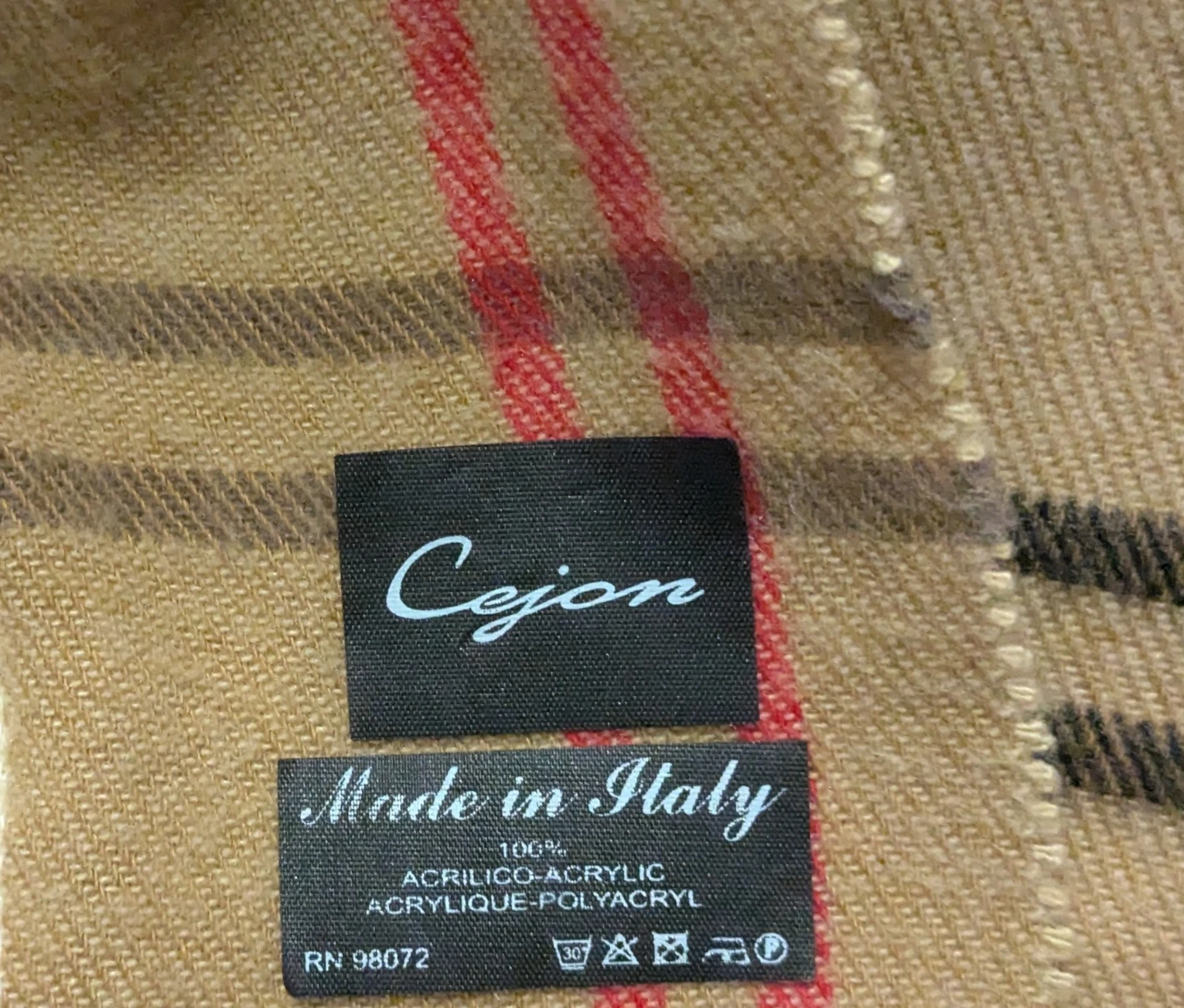 Cejon Tan Plaid Fringe Scarf Made in Italy 53 x 11 - photo 4
