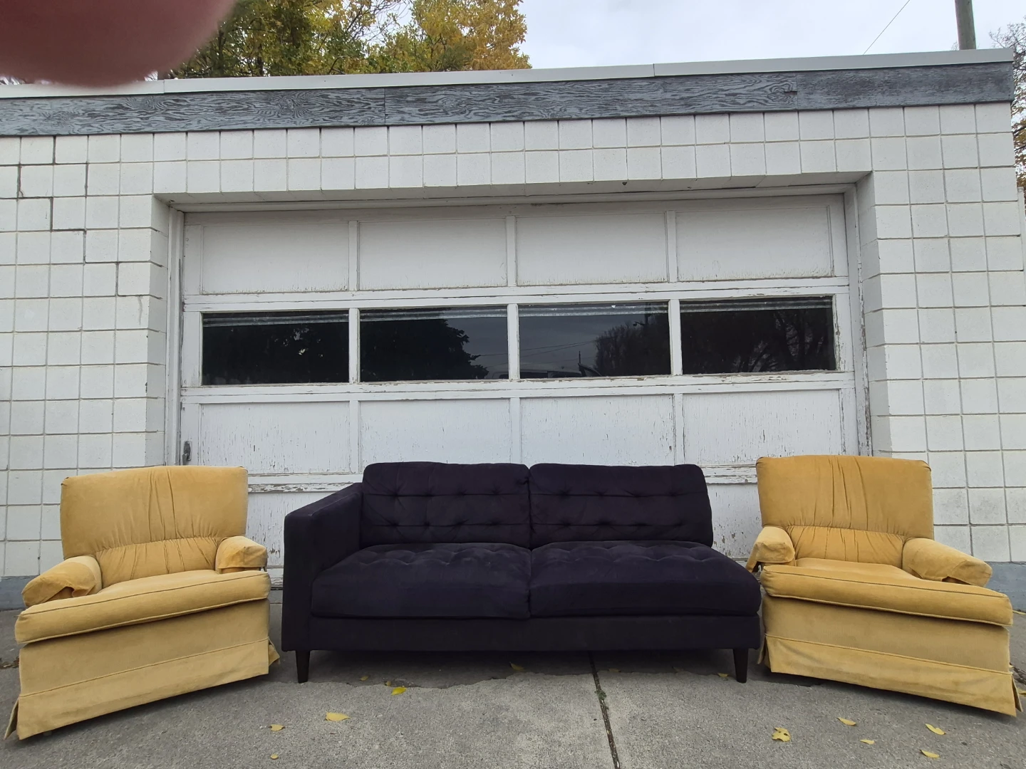 Dark Grey Sofa and Pair of Yellow Armchairs