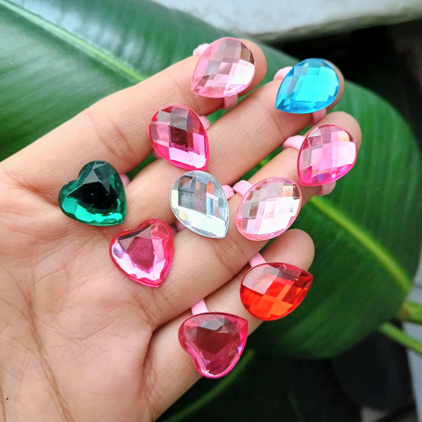 Set of 10 Colorful Plastic Gem Rings For Little Girls