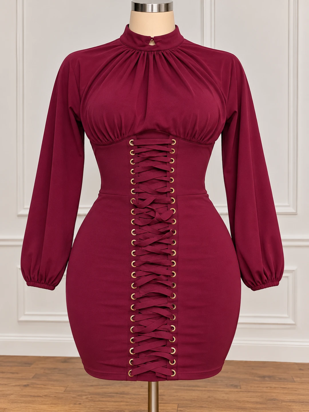 Iris Maroon Lace-Up Mini Dress 2XL