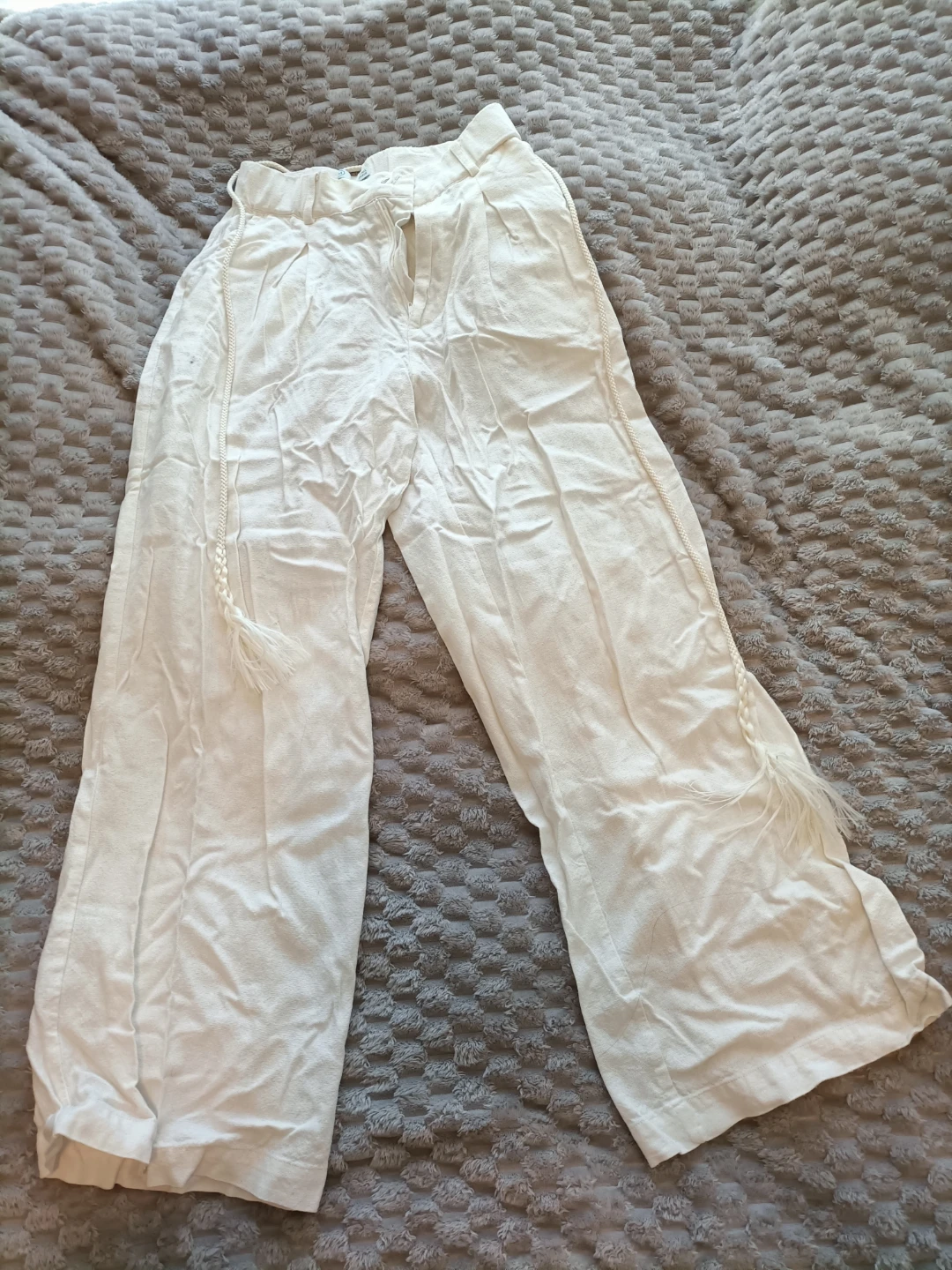 Cream Wide-Leg Trousers with Tie Waist - photo 2