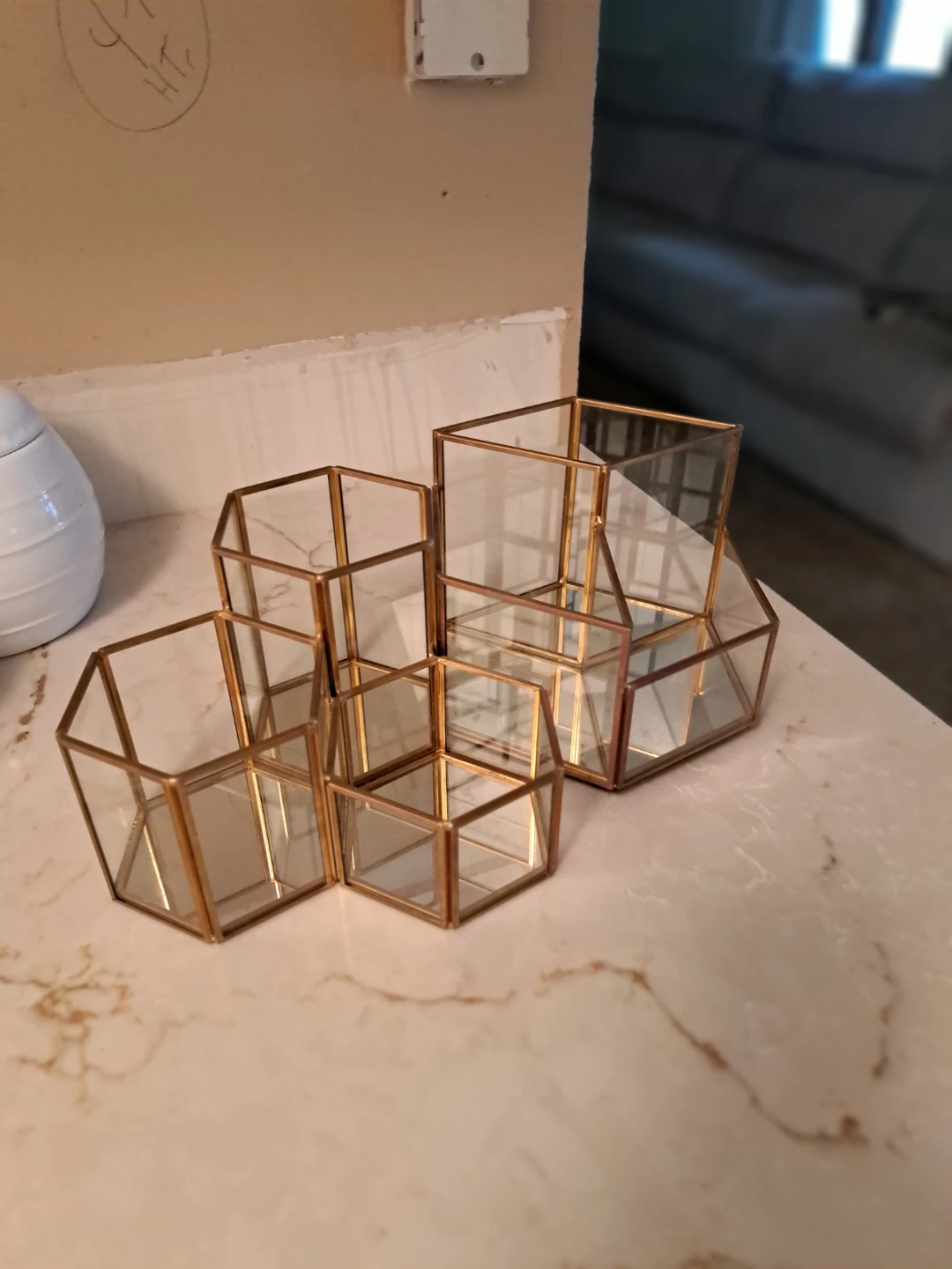 Glass and Brass Hexagonal Desk Organizers