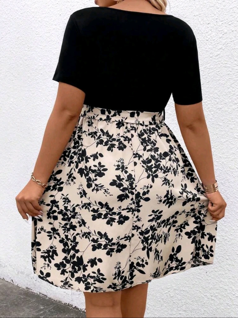 Black and Cream Floral Dress with Cutout Detail - photo 2