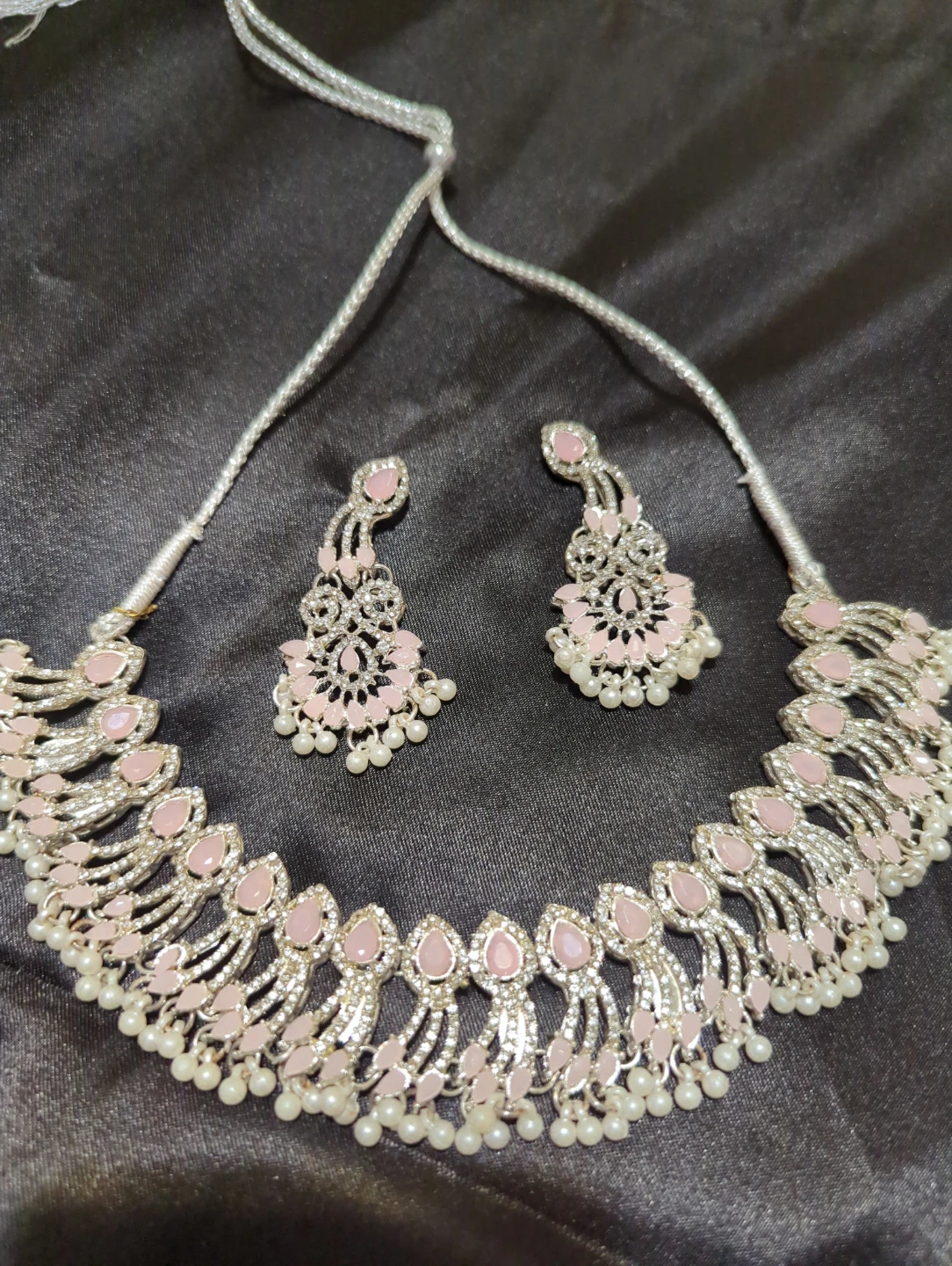 Pink and Silver Tone Necklace and Earring Set - photo 2