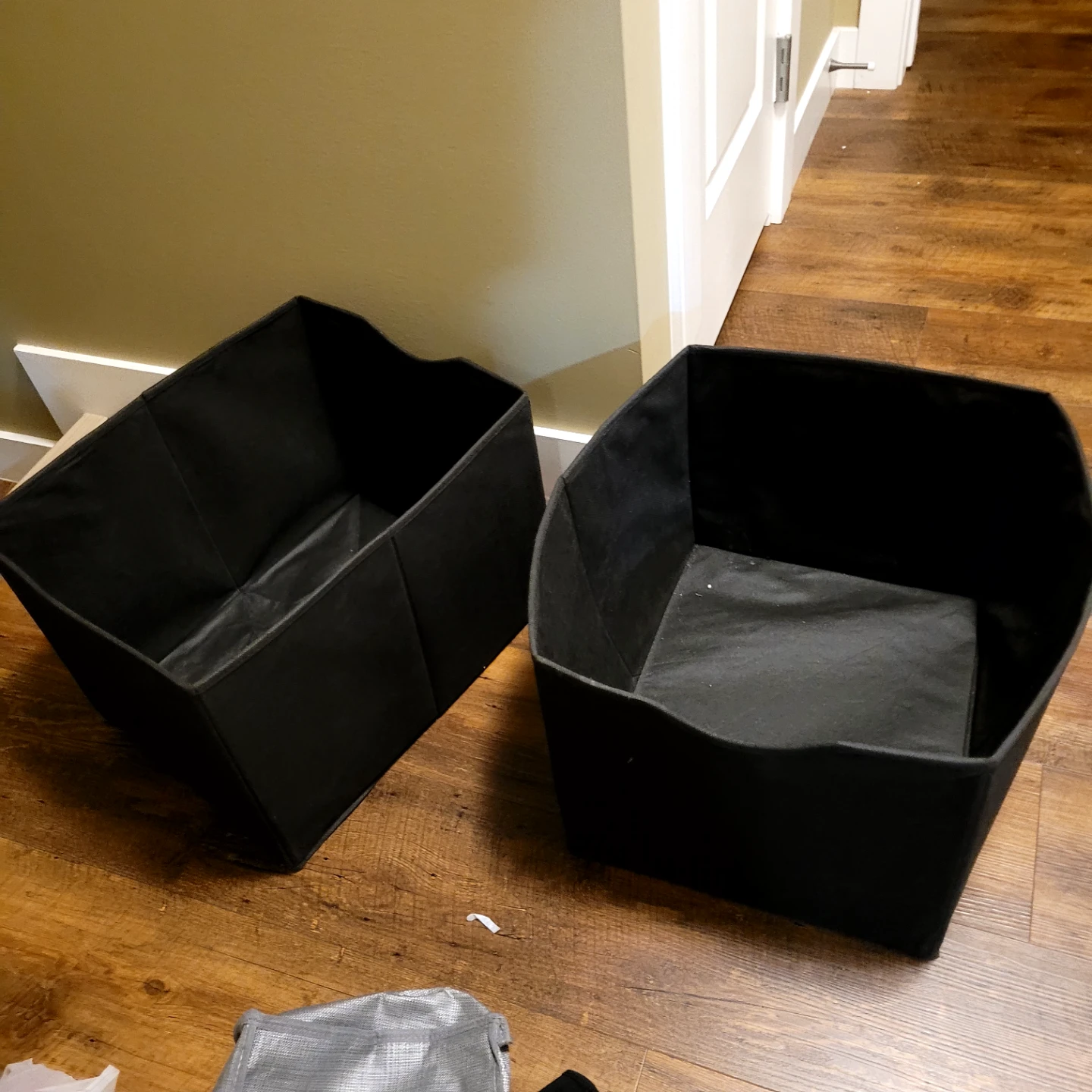 Two black fabric storage bins