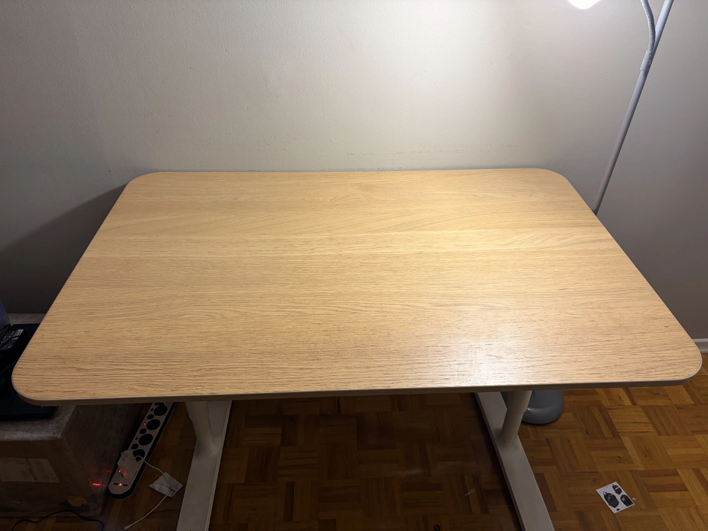Standing Desk with Mesh Office Chair and standing lamp