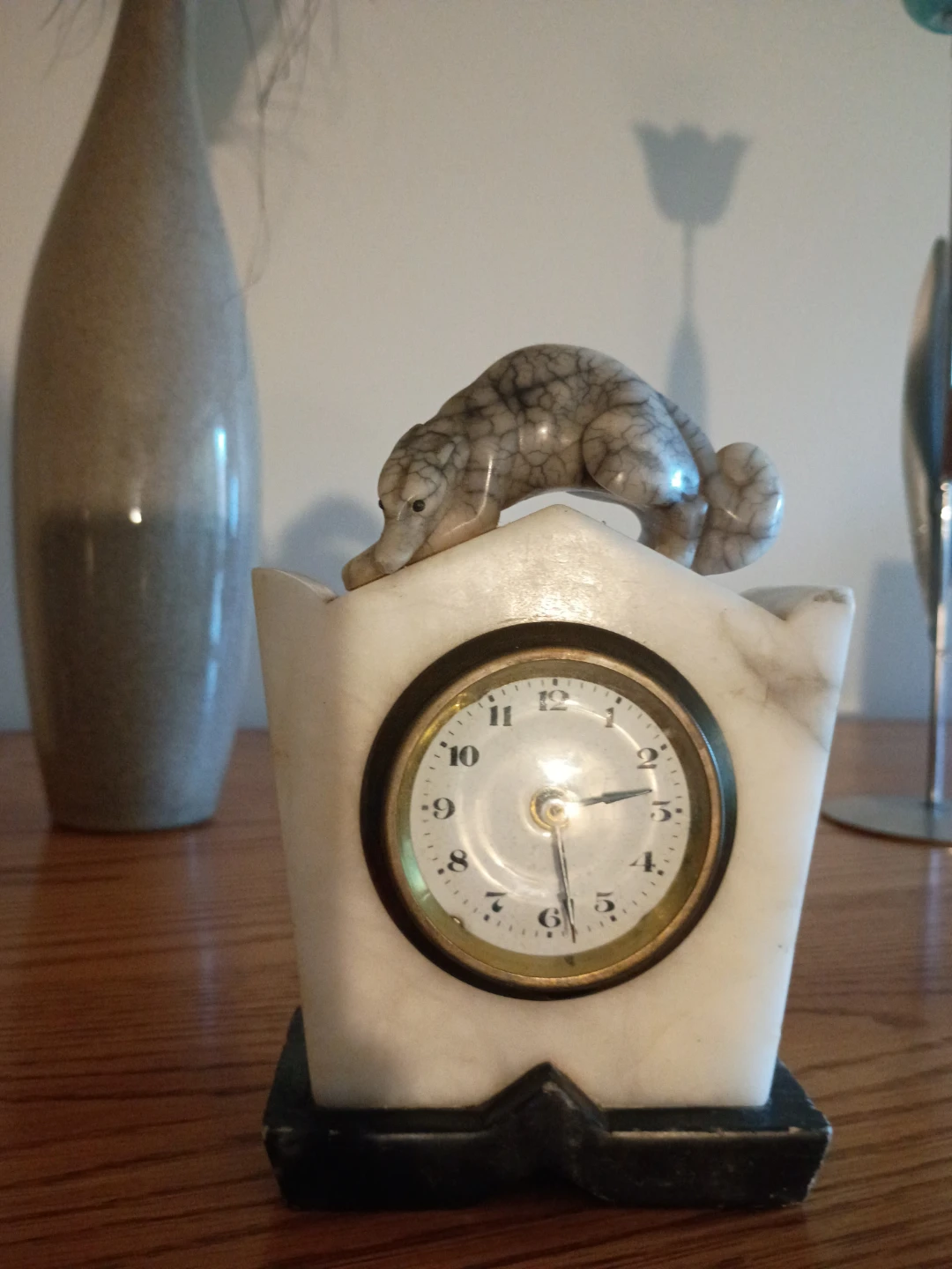 Antique Stone Table Clock with Animal Figurine