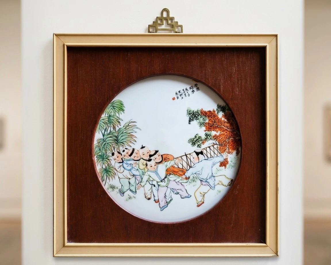 Vintage Chinese Porcelain Plaque Wall Art. "Children at Play"