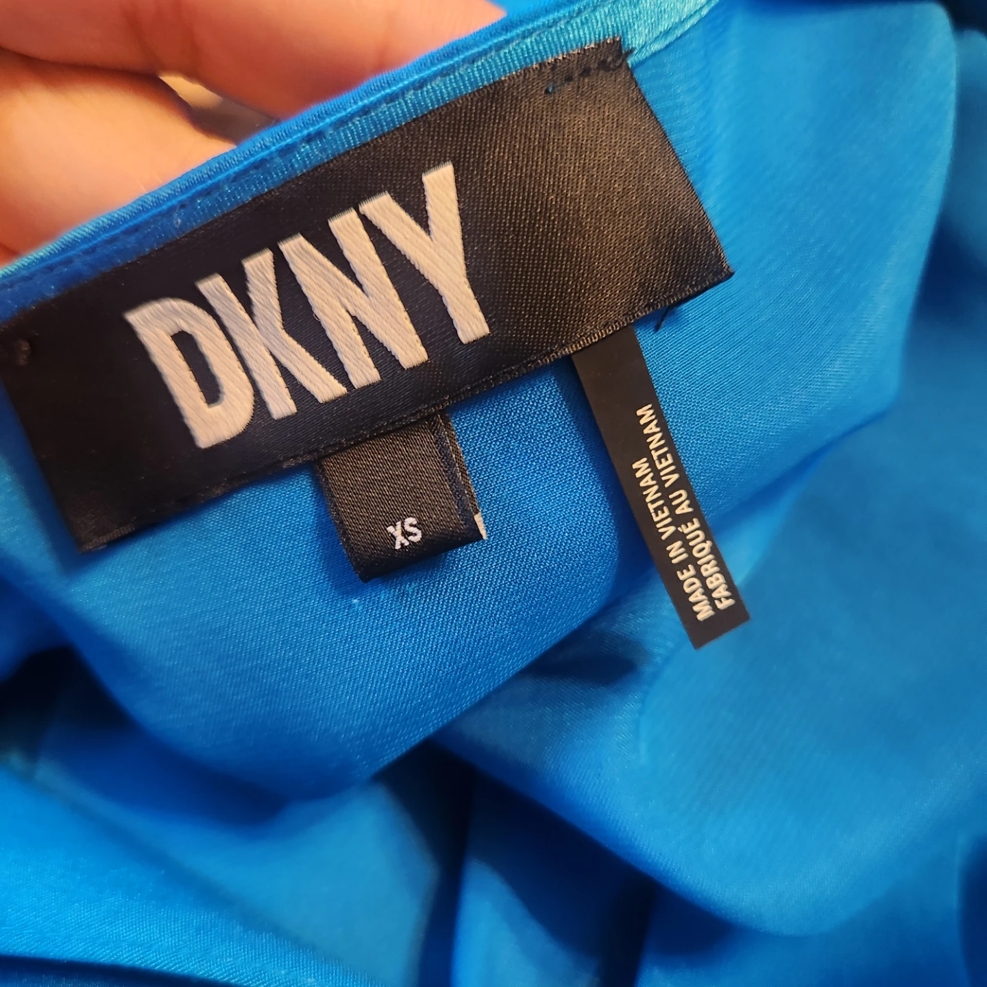 DKNY Vibrant Blue Satin Faux Wrap Blouse with Puff Sleeves - photo 3