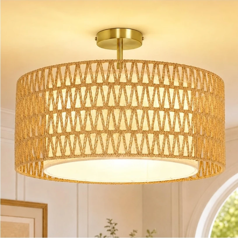 Boho Rattan Semi Flush Mount Ceiling Light