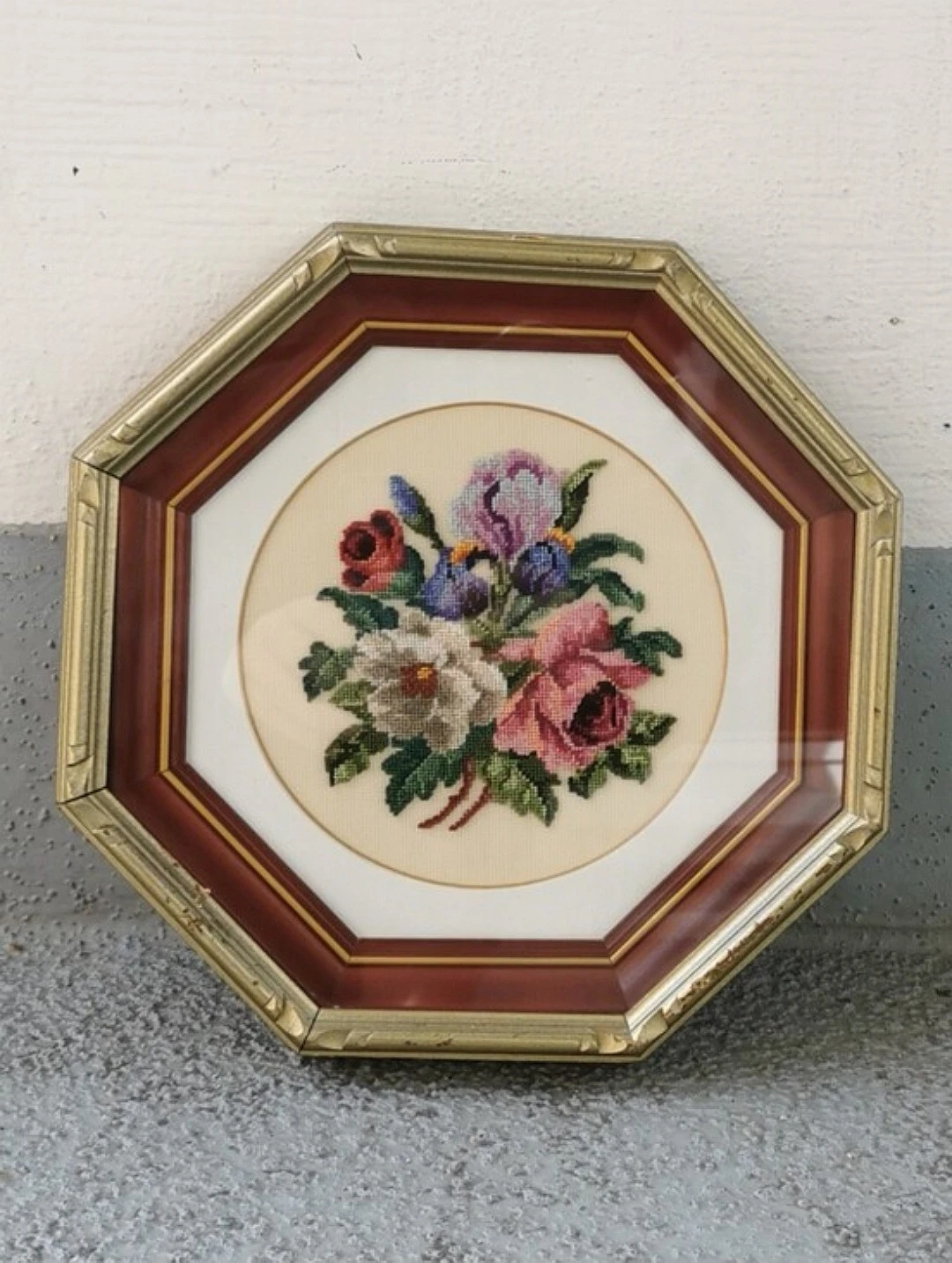 Vintage Framed Floral Cross Stitch Wall Art Decor Needlepoint