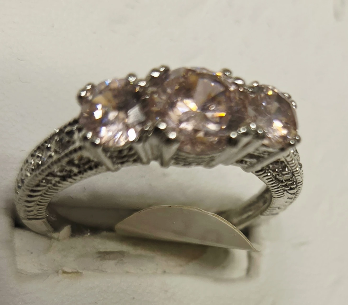 White Gold Plated Three-Stone Engagement Style Ringing Size 10