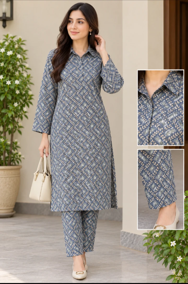 Ready to wear Pakistani Khas Pret Printed Two-Piece Set Blue