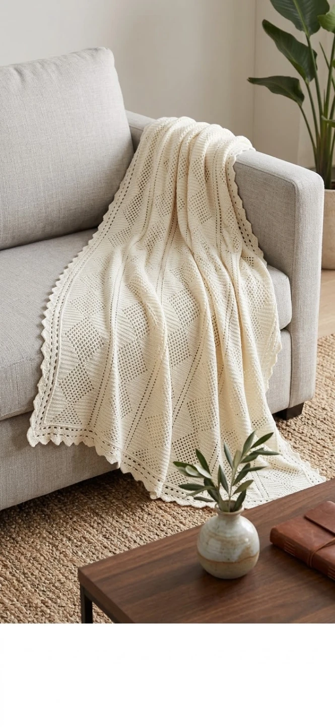Cream Diamond Pattern Knit Throw Blanket or crochet