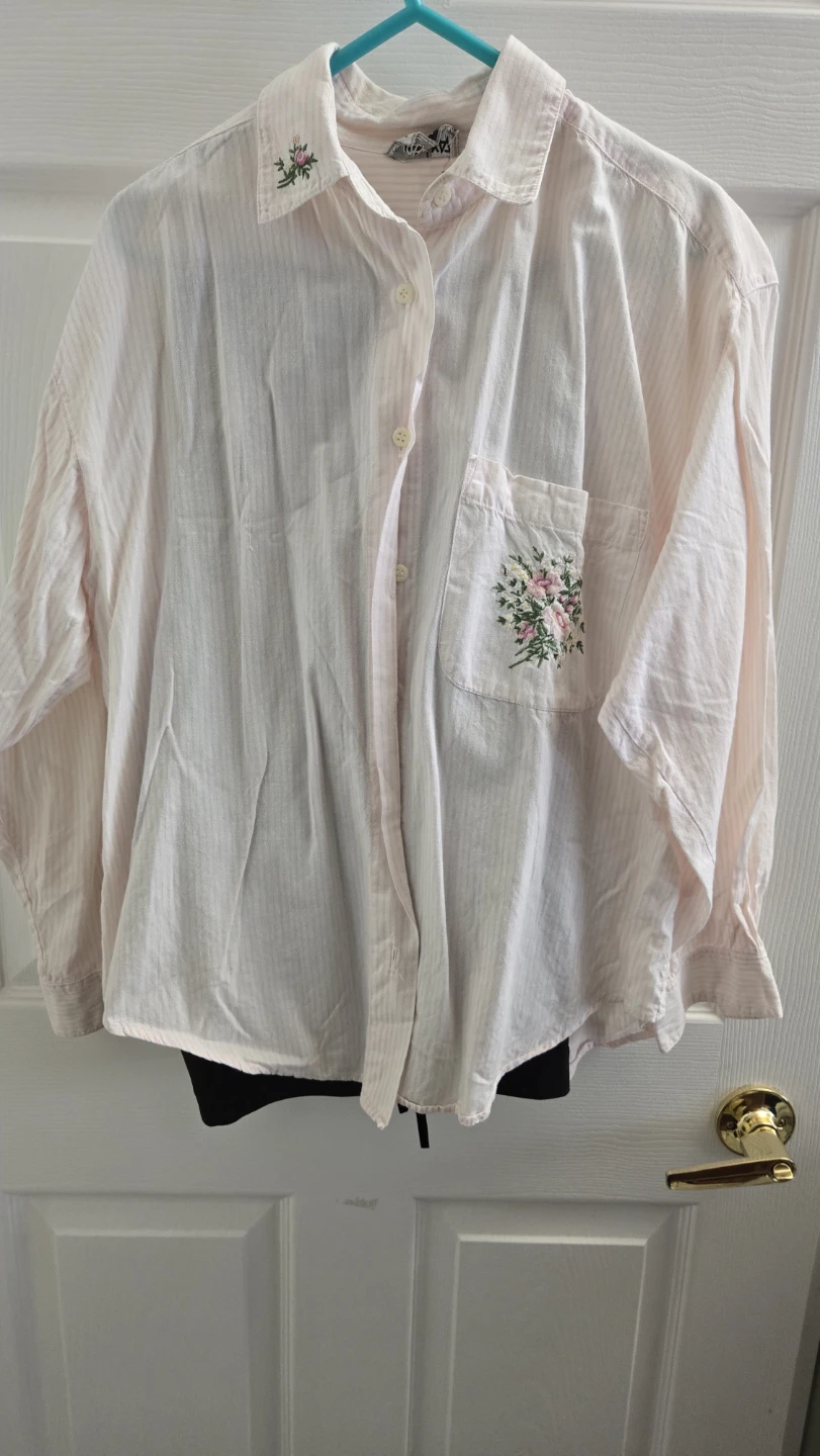 Vintage Pastel Striped Blouse with Floral Embroidery