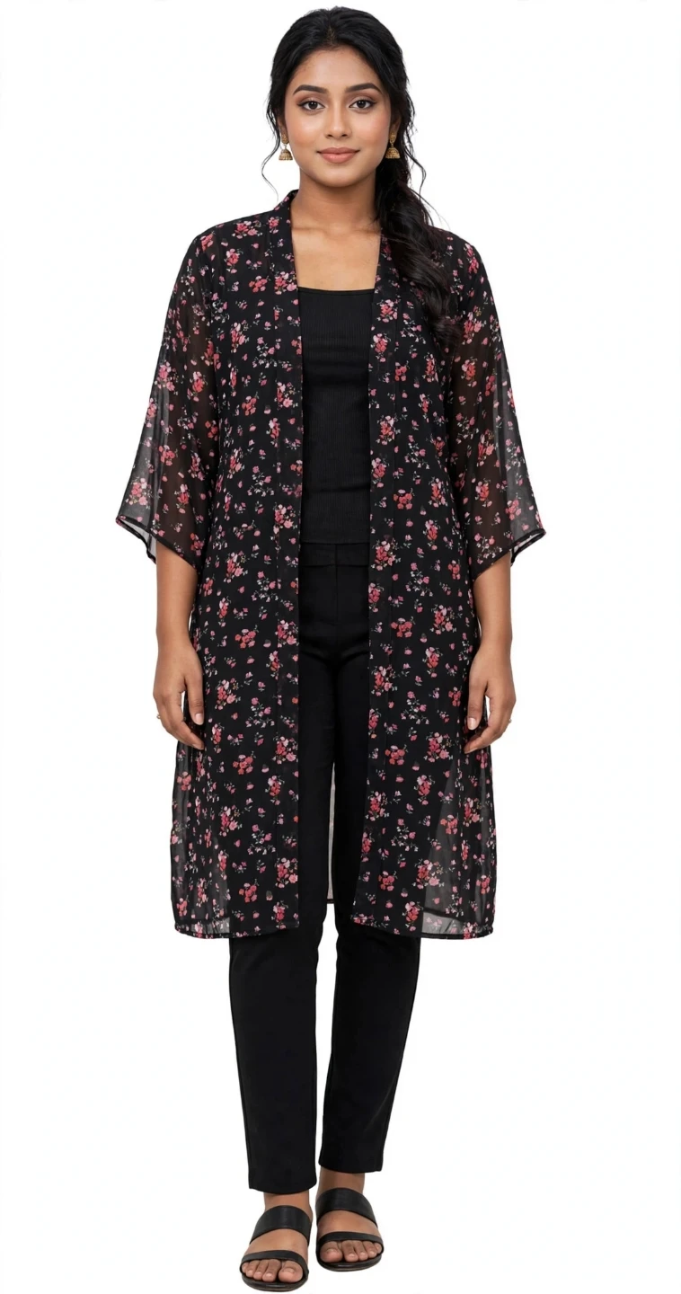 Black Floral Print Chiffon Kimono Shrug