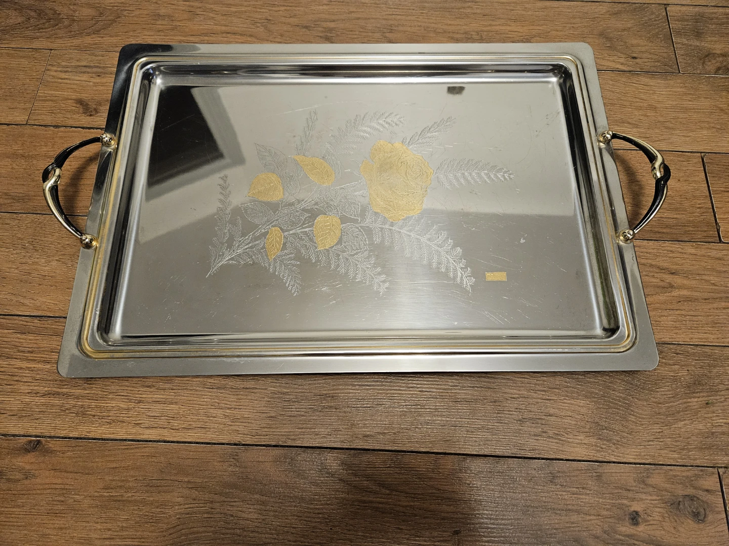 Italian mgm 18/10 24ct gold etched roses tray