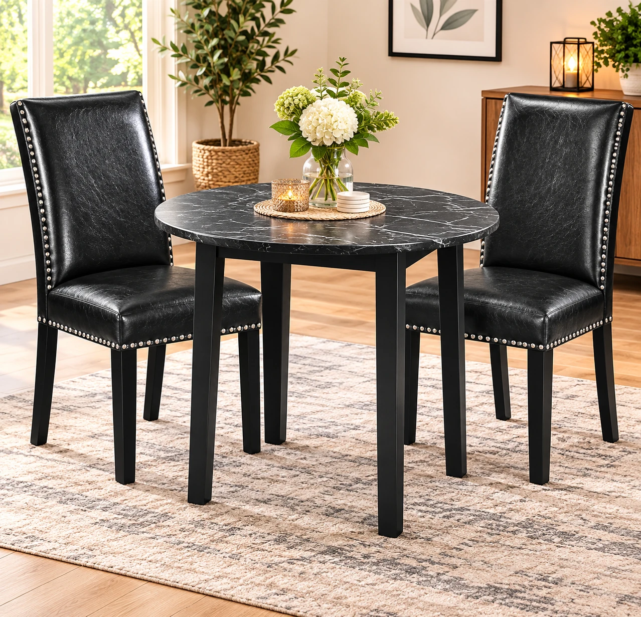 3-Piece dining set. Two leather chairs  Marble like Top Table