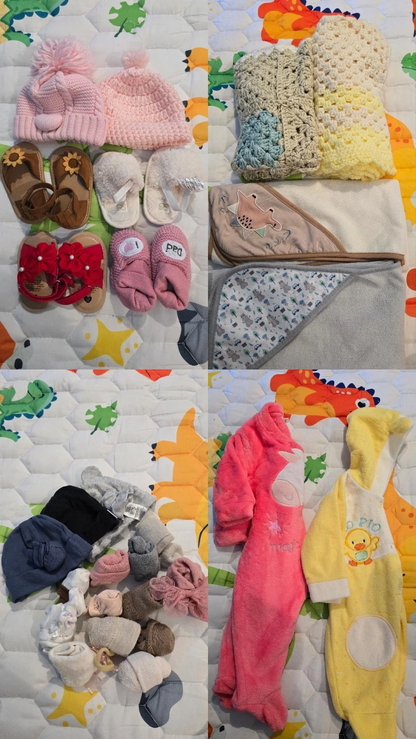 Baby items bundle including clothing and bottles