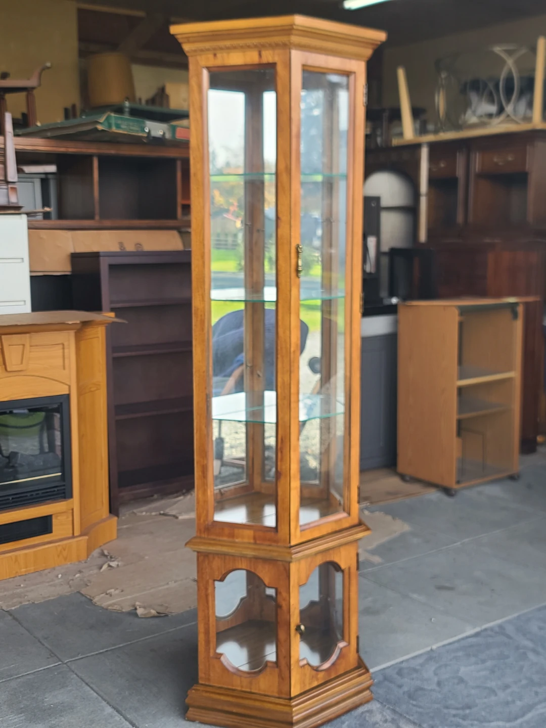 Tall Wood & Glass Lighted Curio Display Cabinet